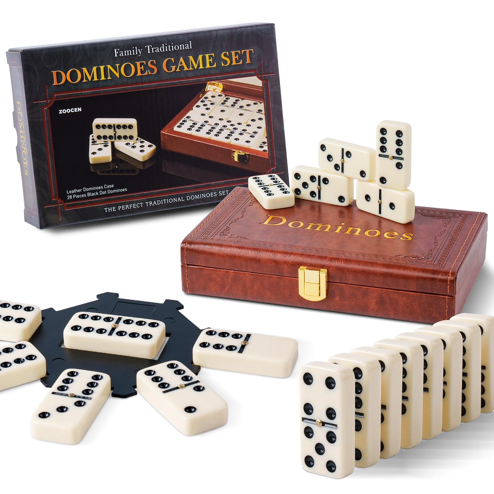 Double 6 Dominoes Set in Leatherette Case (28 Tiles with Spinner), Ivory