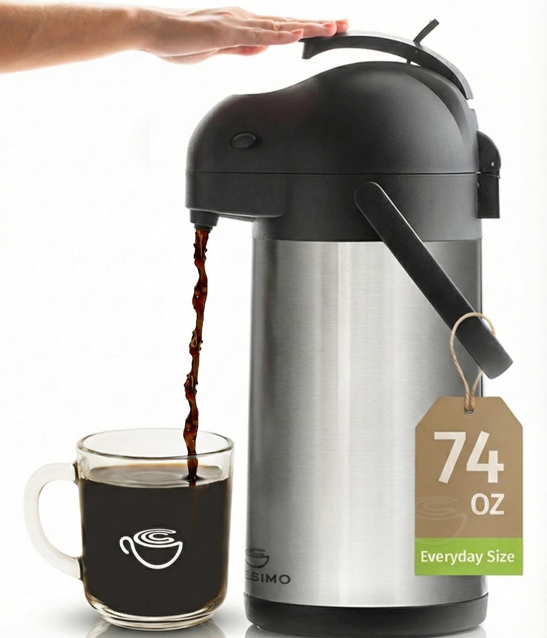 74 Ounce (2.2 Liter) Airpot Thermal Coffee Carafe/Lever Action/Stainless Steel Insulated Thermos / 12 Hour Heat Retention / 24 Hour Cold Retention