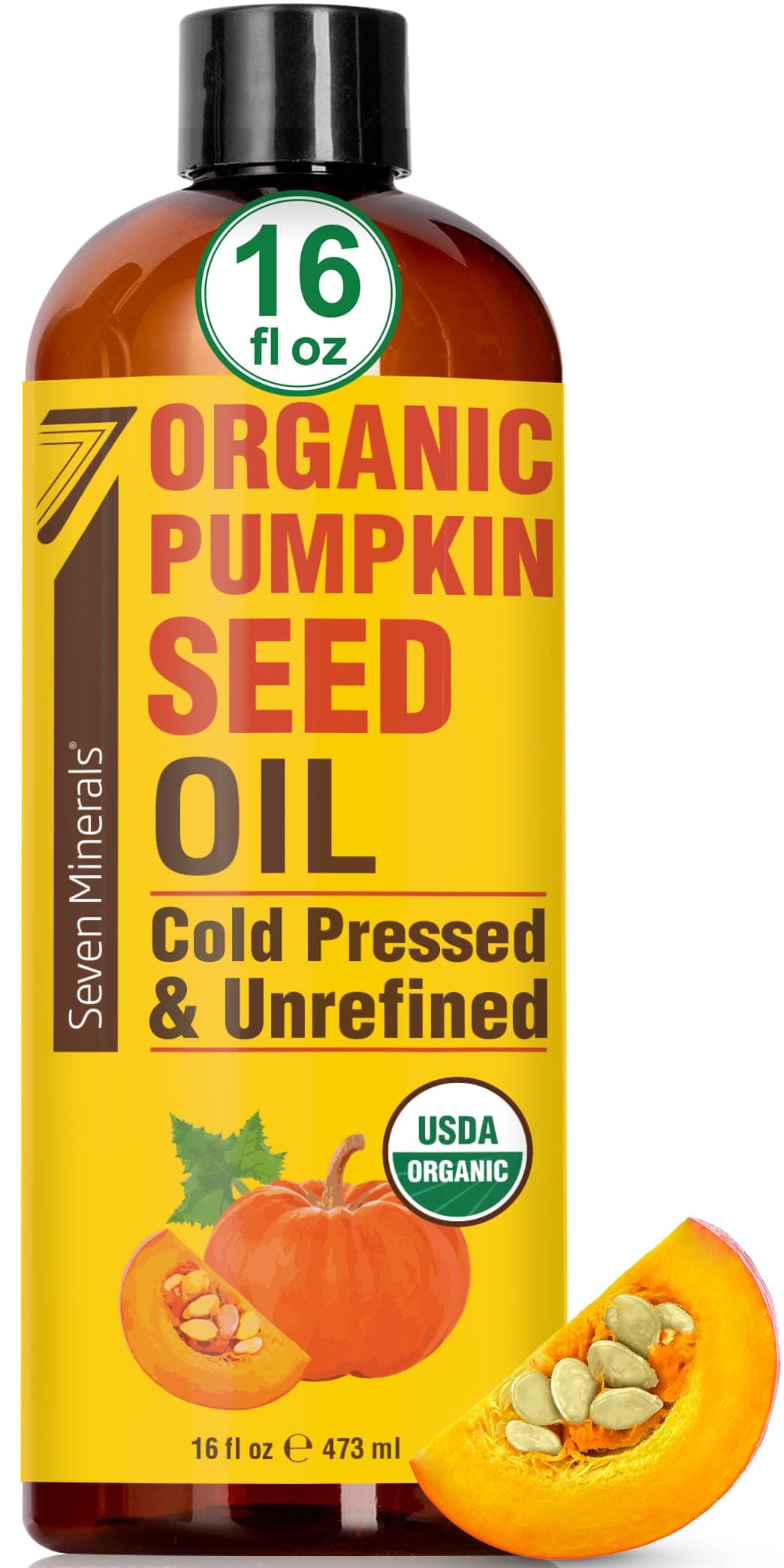 Seven Minerals NEW Pumpkin Seed Oil for Hair Growth, Face, & Body - Big 16oz Bottle - USDA Organic, Cold-Pressed & Hexane Free - Lightweight, Non-Greasy, & Deeply Moisturizing for Scalp, Skin