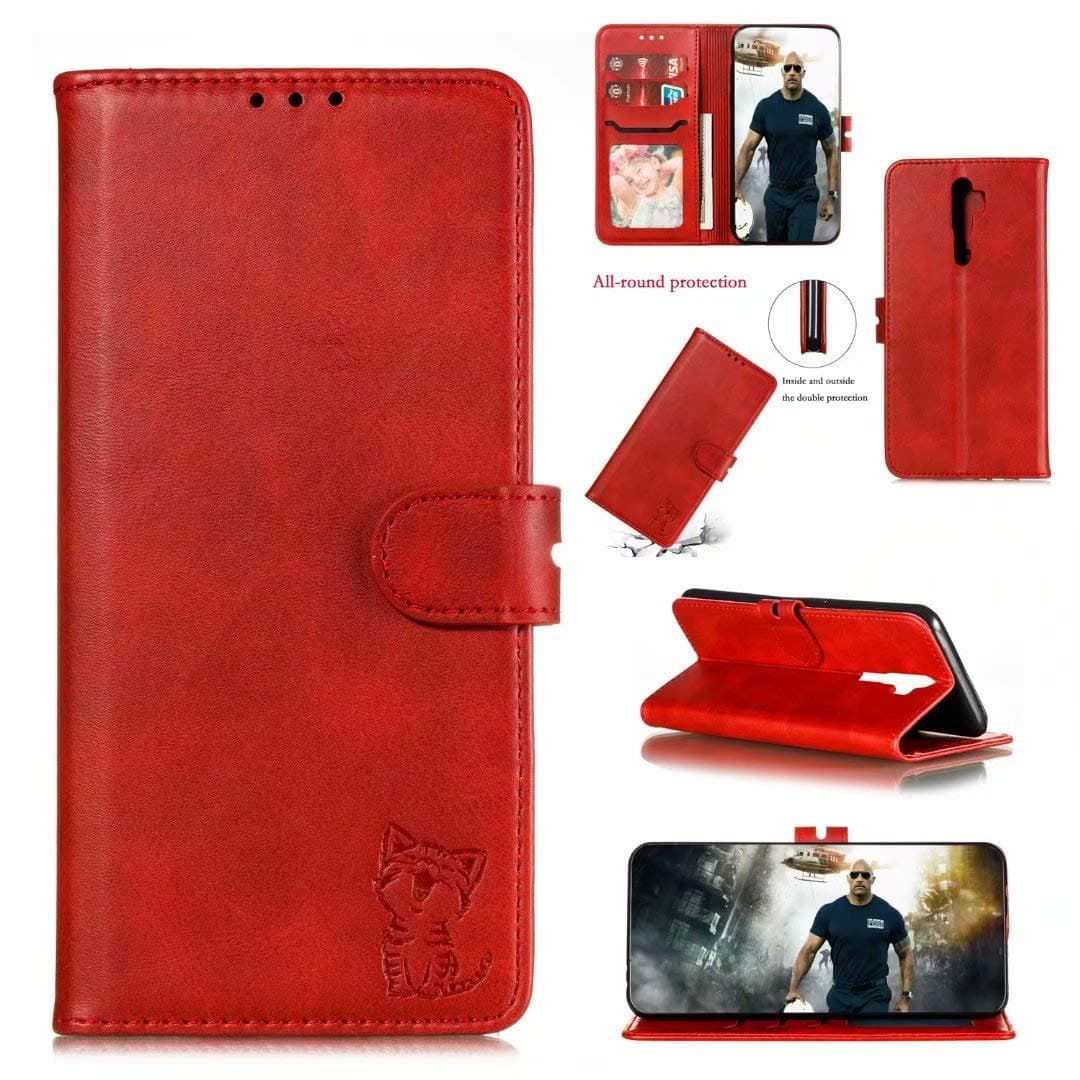 nh Case for Oppo A9 2020 Leather Case, Leather Wallet Flip Cover [with Screen Protector] with Viewing Stand and Card Slots Shockproof Cover, for Oppo A9 2020 - Red