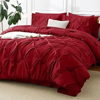 King Size Comforter Set Dark Red, 7 Pieces Pintuck Bed in A Bag Red Comforter King Size, Pinch Pleat Bedding Set with All Season Comforter, Sheets, Pillowcases & Shams