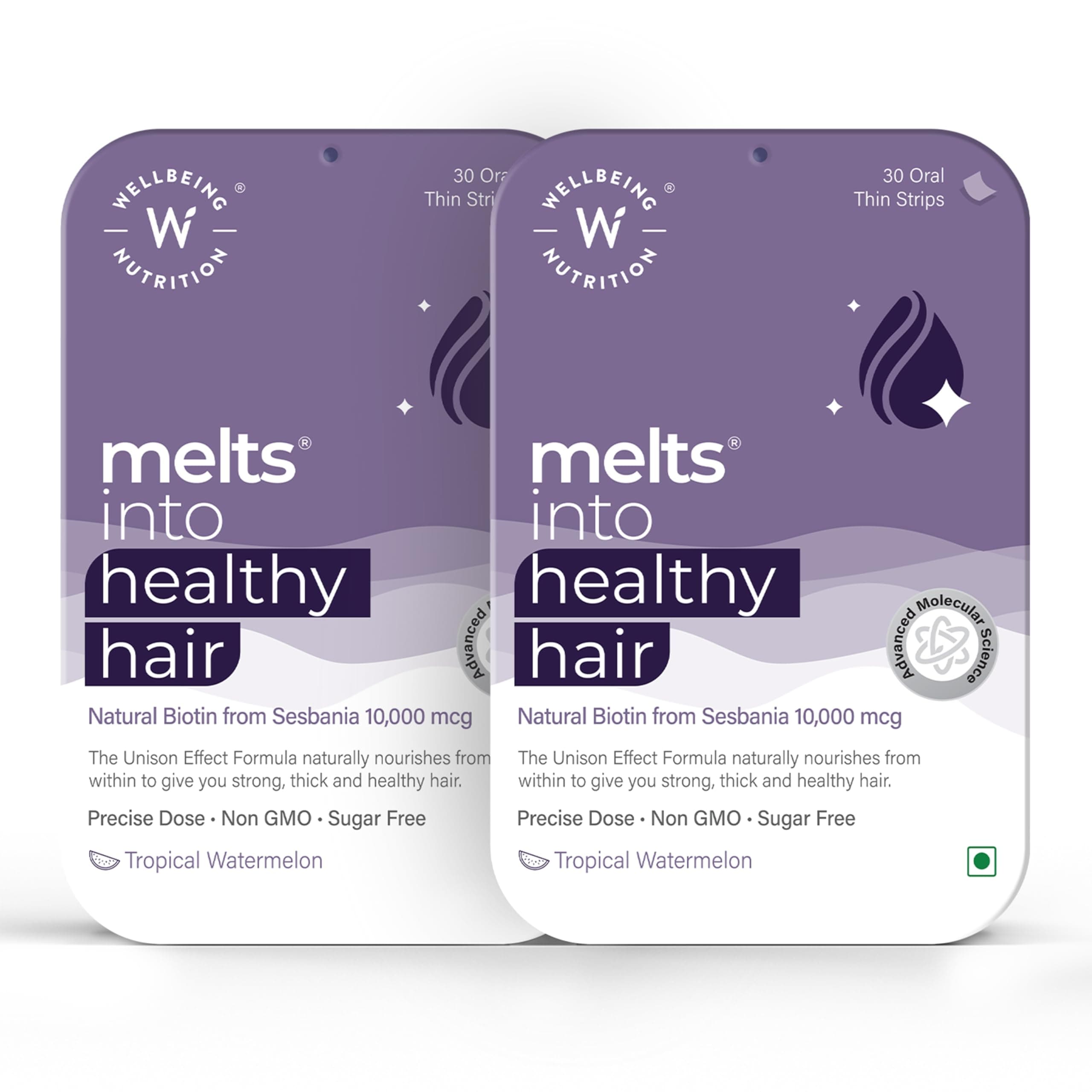 Melts Healthy Hair | Plant Based Biotin, Zinc, Bamboo Extract, Folic acid for Hair Nourishment, Strength and Thickness (60 Oral Strips)