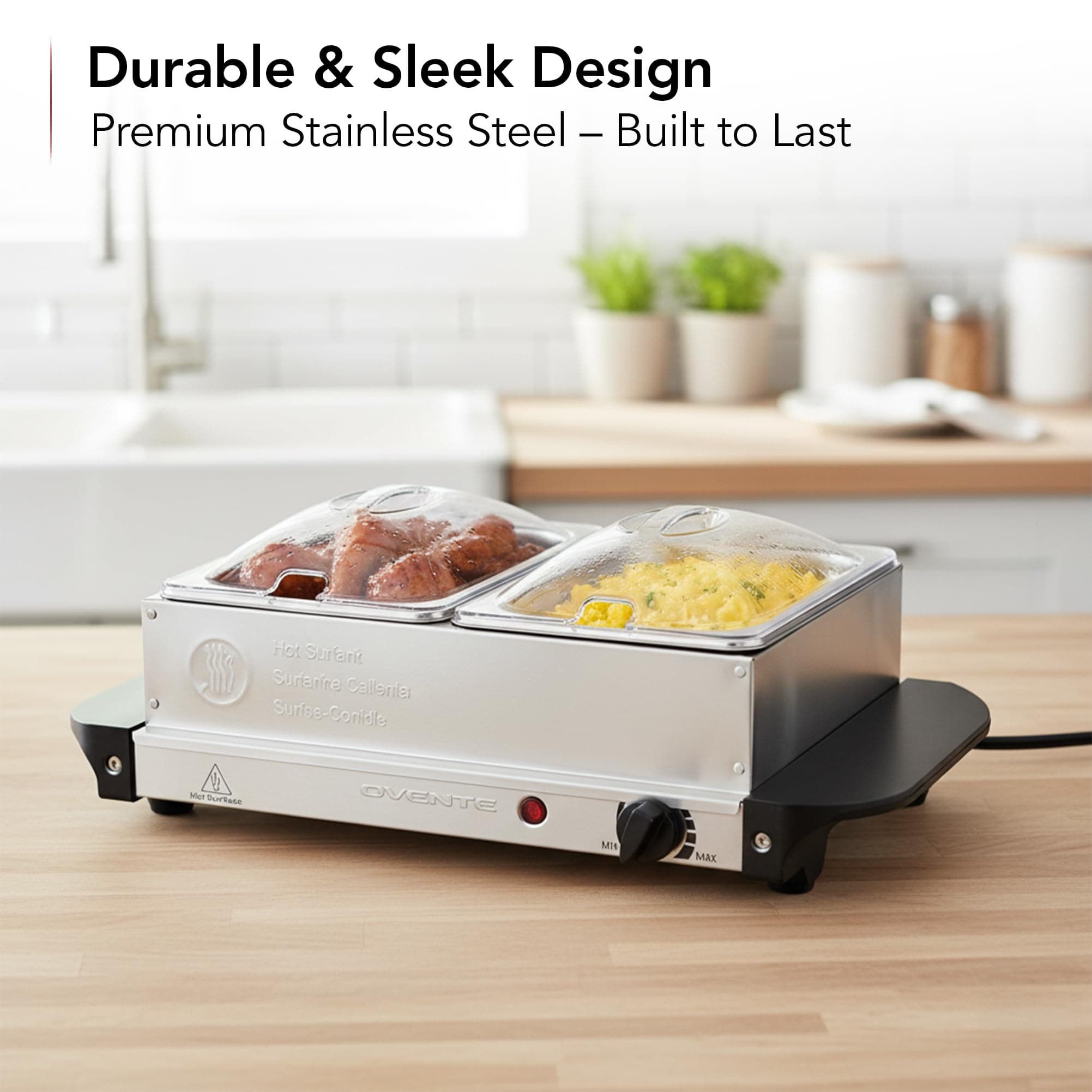 OVENTE Electric Buffet Server with 2 Warming Pan, Portable Food Warmer for Catering, Party, Entertaining and Holiday, Stainless Steel Chafing Dish Set with Temperature Control, Silver FW152S, 2 Trays