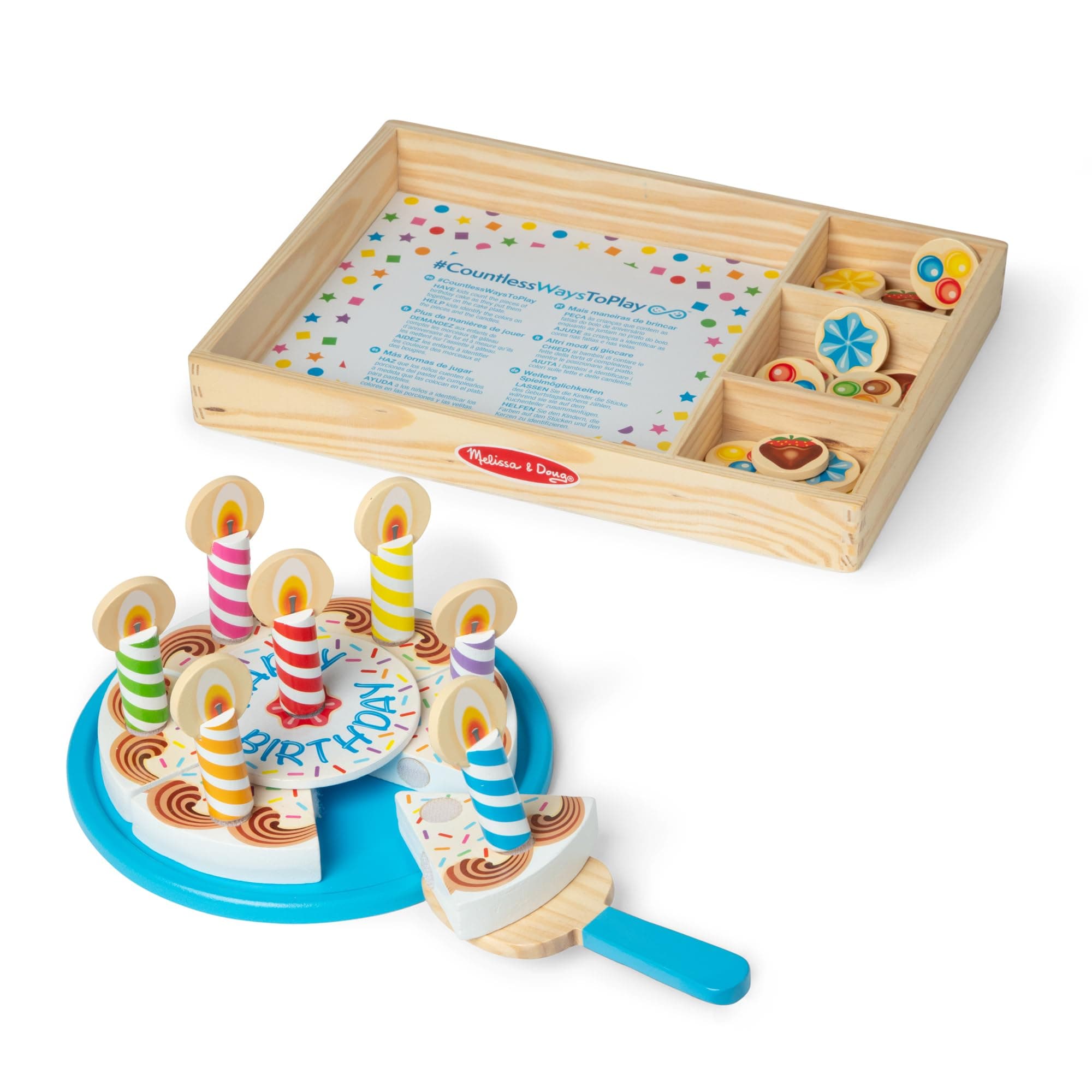 Melissa & Doug Wooden Birthday Cake Set – 34-Piece Pretend Play Food Set with Candles, Cutter & Tray – Realistic Sliceable Cake Toy for Kids Ages 3+