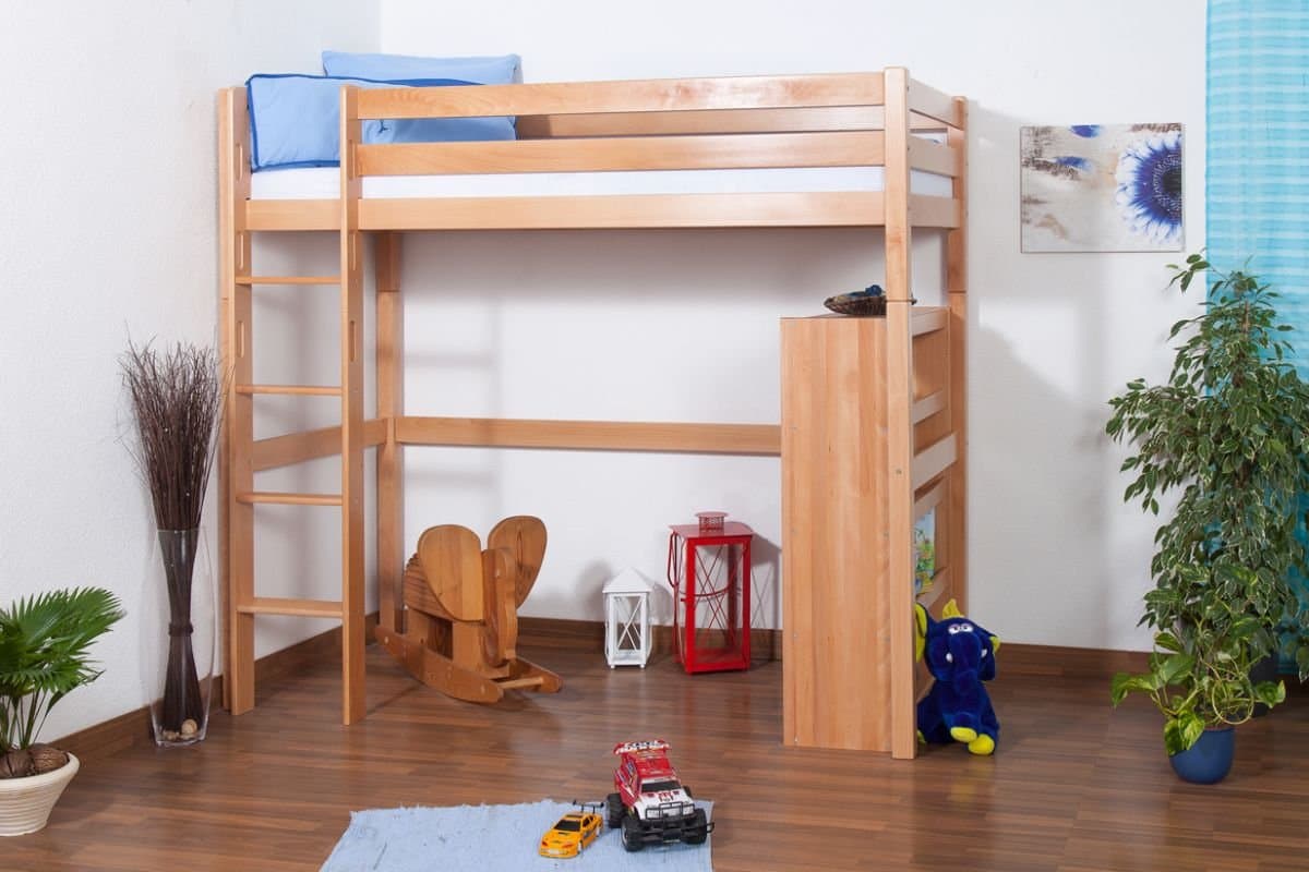 Highsleeper Bed Dominik, Solid Beech Wood, Clearly Varnished, incl. slatted Frame - 90 x 200 cm