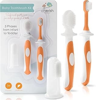 Cherish Baby Care Baby Toothbrush 0-2 Years - BPA-Free & Safety-Tested Newborn to Toddler Toothbrush Set, 2023 Award Winner, Food-Grade Silicone (Orange)