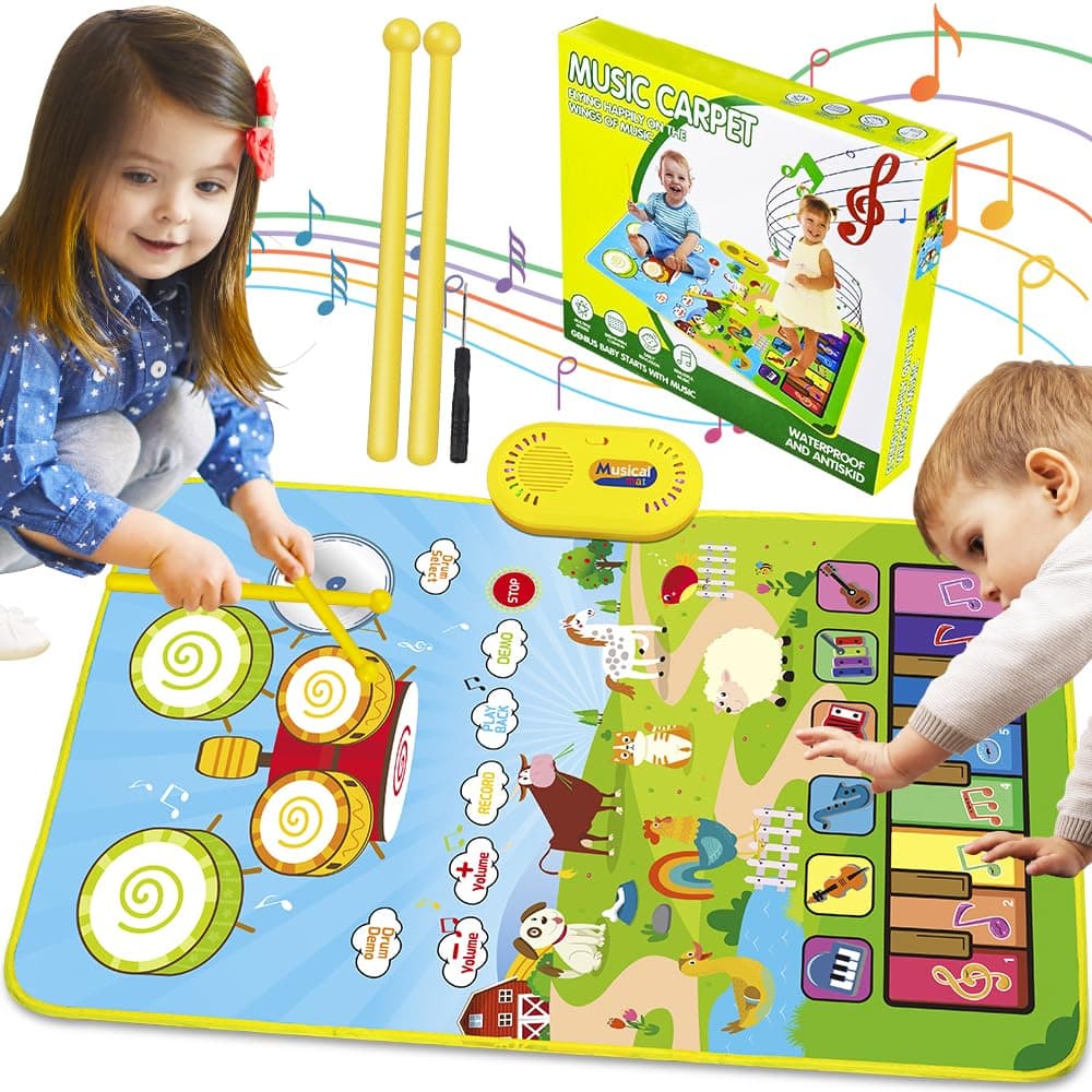 3 in 1 Musical Mat for Toddlers, Baby Toys Piano Keyboard Drum Set with 2 Sticks for Boys Girls Gift, Animal Sound Touch Play Blanket Early Education Learning Toys for 1 2 3 4 5 6 Years Kids