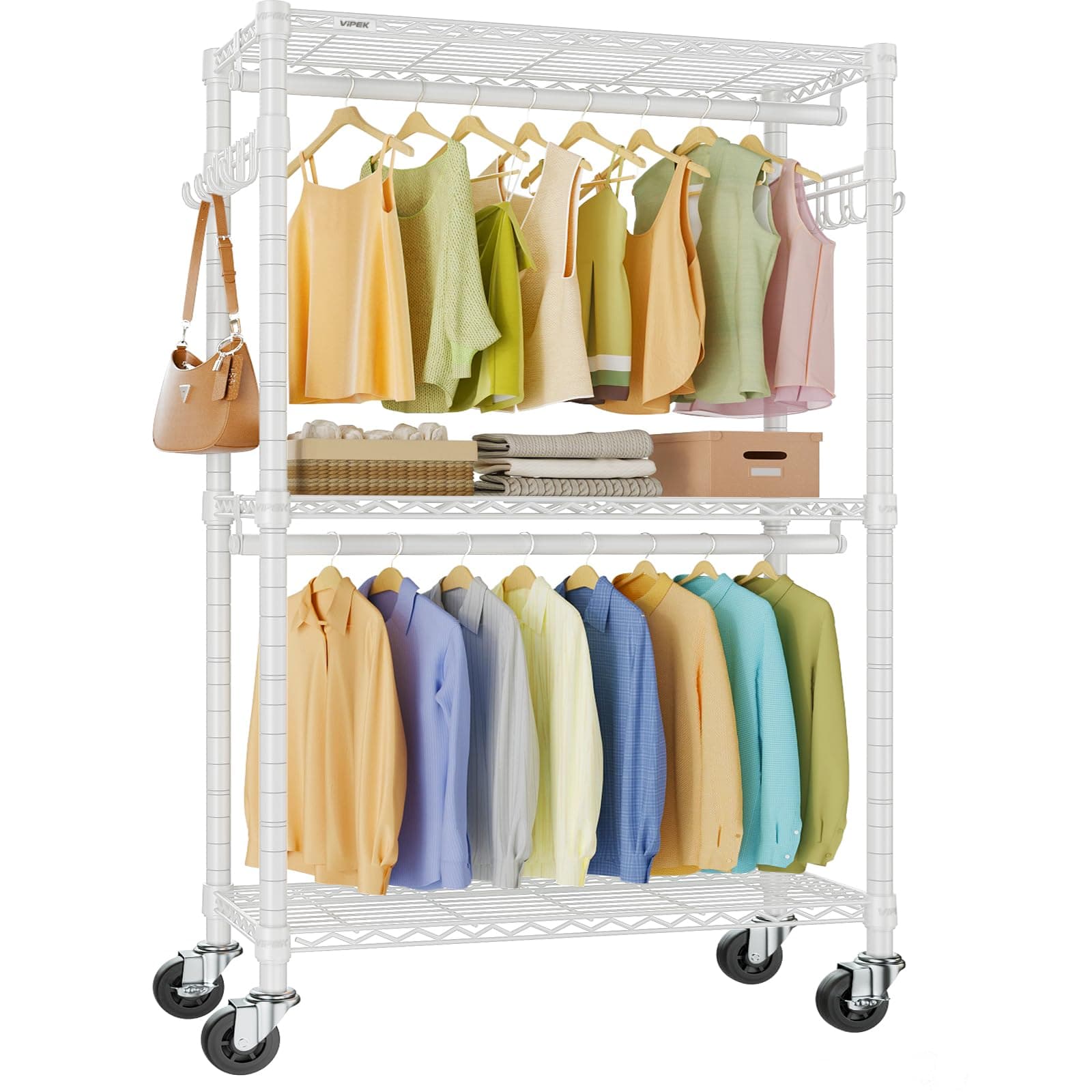 VIPEK R2 Heavy Duty Rolling Garment Rack 3 Tiers Adjustable Clothes Racks with Double Rods & Hooks, Freestanding Wardrobe Closet Storage Rack Metal Clothing Racks for Hanging Clothes, White