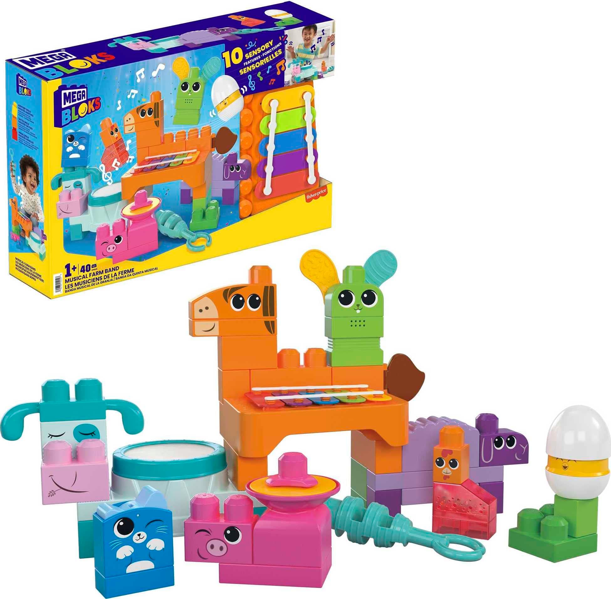 MEGA BLOKS Fisher Price Musical Farm Band Sensory Block Toy (45 Pieces) for Toddler