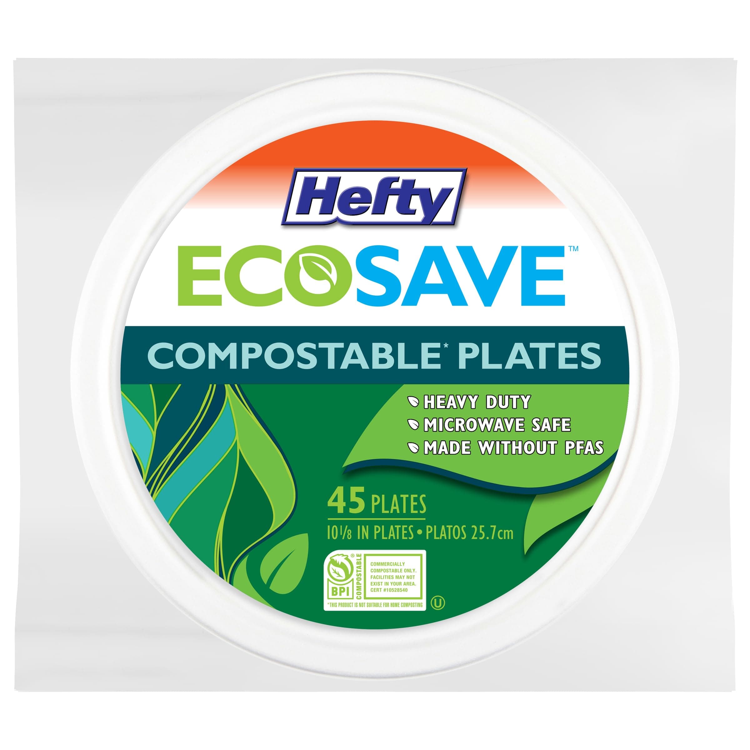 Hefty ECOSAVE Compostable Paper Plates, 10-1/8 Inch, 45 Count