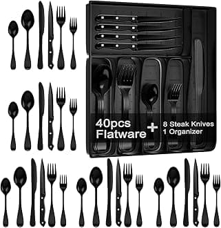 49 Pieces Black Silverware Set with Steak Knives, Stainless Steel Silverware with Organizer Flatware Utensils Set for 8, Forks and Spoons Silverware Set Cutlery Set