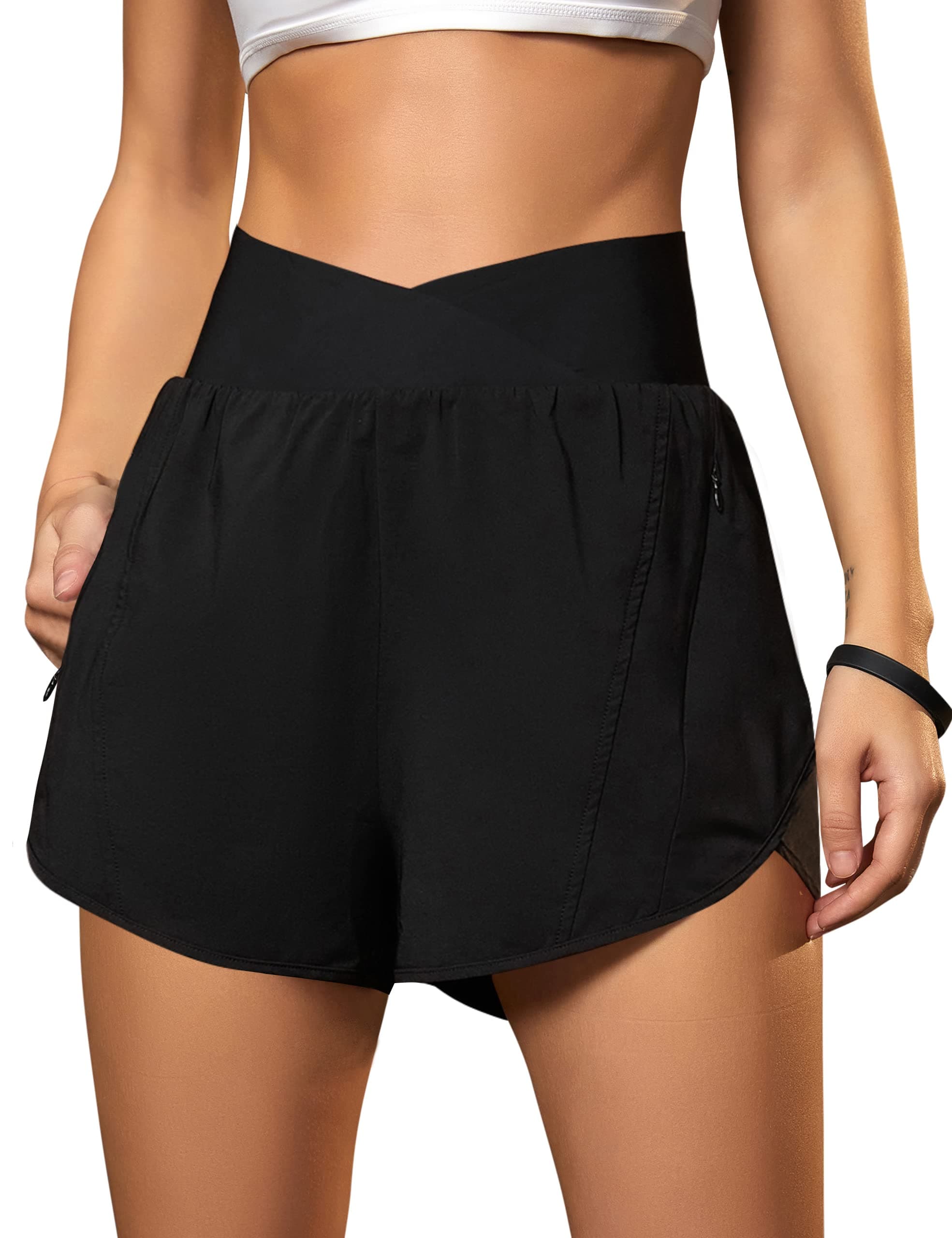 Women's Workout Shorts Athletic Running Shorts Crossover High Waisted Gym Shorts with Zipper Pockets