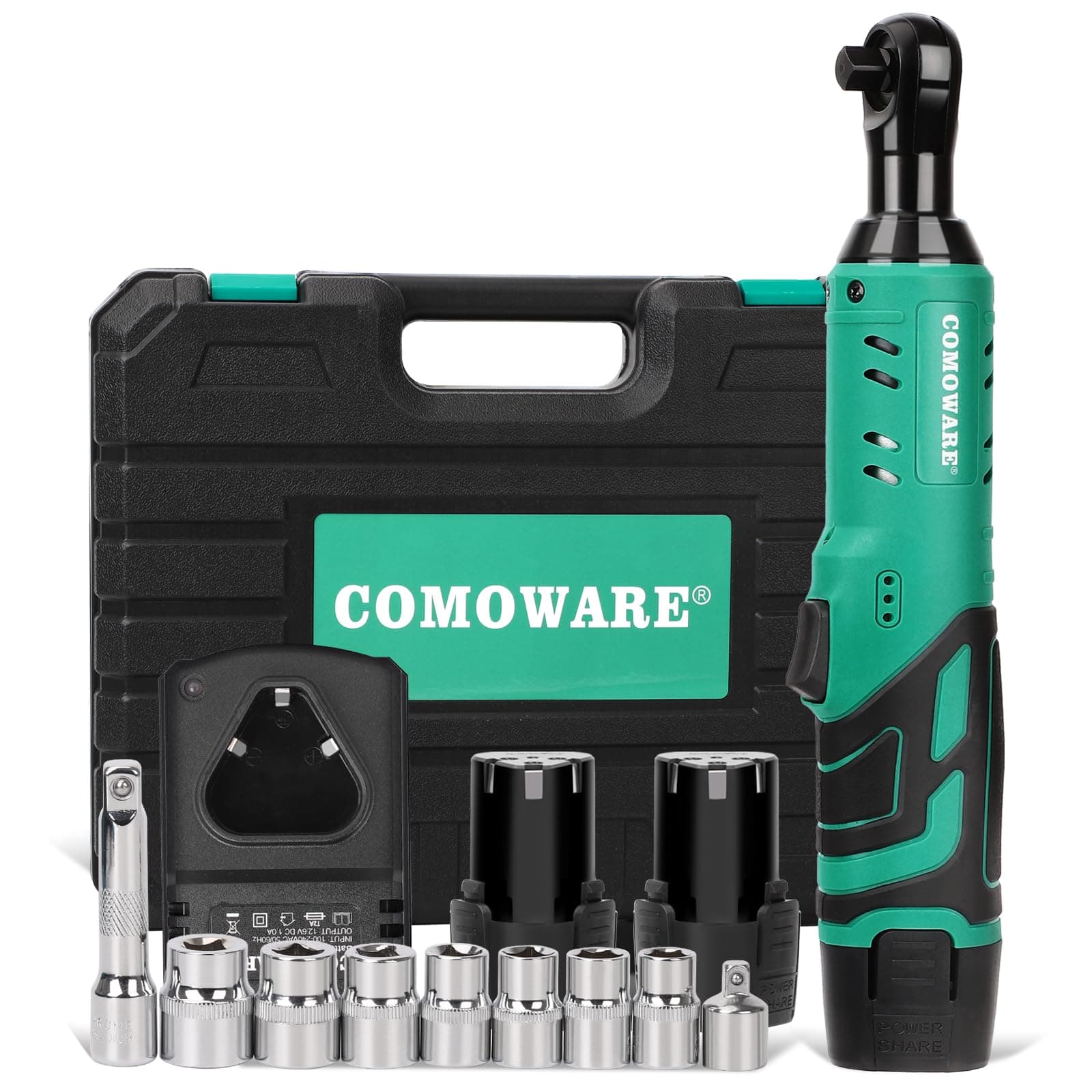 COMOWARE 3/8 Cordless Electric Ratchet Wrench Kit, 40ft-lbs Torque, 12V Power, 8 Sockets, LED Light, Fast Charger, Ergonomic Design