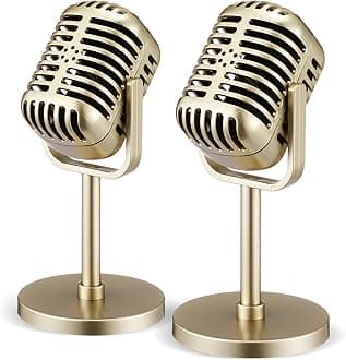 Chivao 2 Pack Retro Microphone Props Model Vintage Stage Table Decor Plastic Fake Microphone Antique Decor Stand Costume Prop for Party Toy(Gold,Classic)