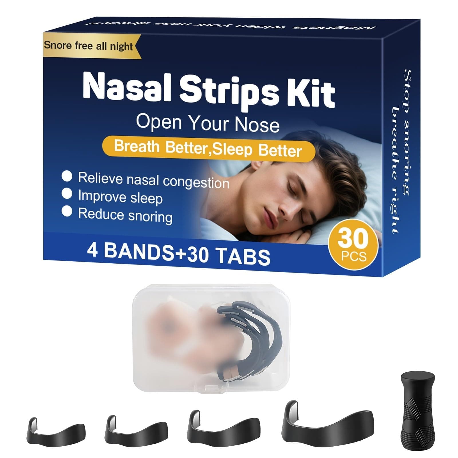 Magnetic Nose Strips with Storage Case, 30 PCS, Anti Snoring Devices for Better Breathing, Improve Sleep Quality Sweat Resistant, Skin Friendly Snore Stopper for Men & Women Universal Fit