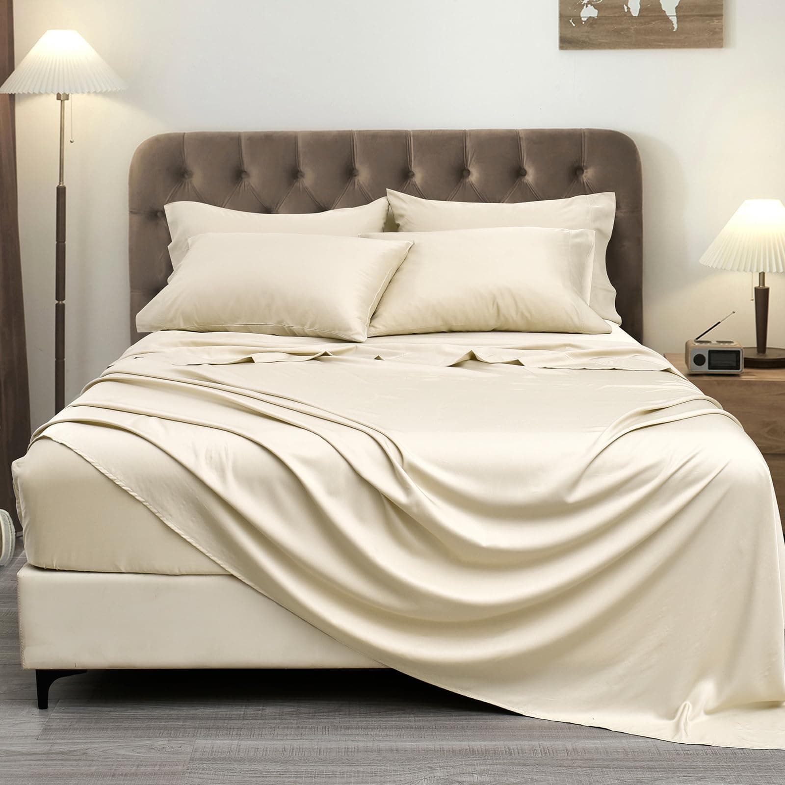 PHF 6PCS 100% Rayon Derived from Bamboo_ Sheets Set Queen Size, Cooling Sheets for Hot Sleepers, Wider Elastic Band & 16" Deep Pocket, Luxury Silky Soft Breathable Bedding Set & Pillowcase, Natural