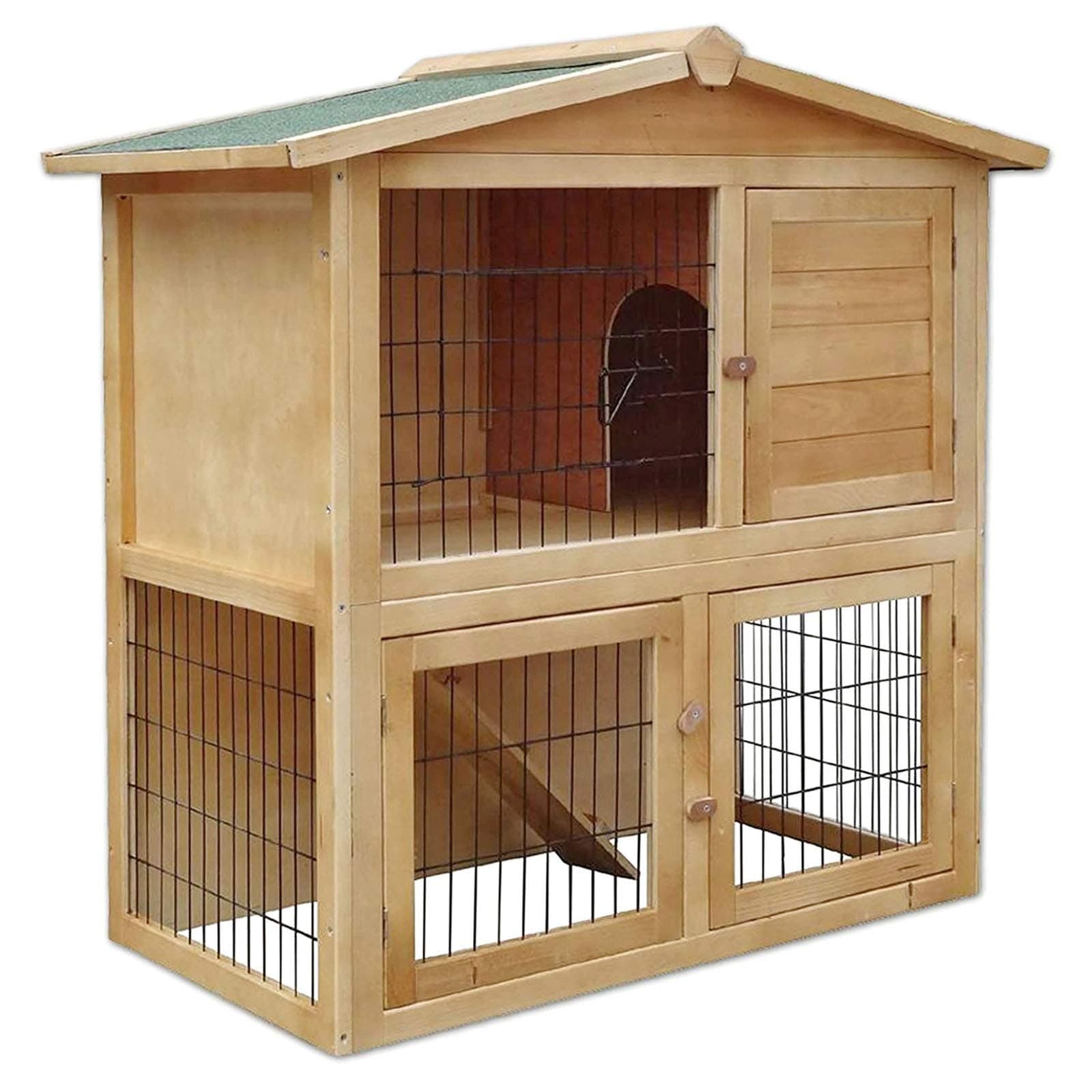 lionto Wooden rabbit hutch on two levels with ramp, 98x54x100 cm, water-repellent bitumen roof & metal mesh, winter-proof rabbit hutch for outdoors with 4 entrances