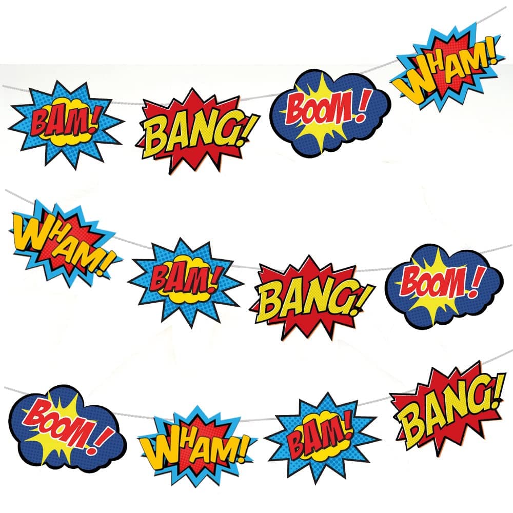 AK Giftshop Callout Superhero Speech Bubble Bunting Party Decorations - 12pcs / 2.5m Ribbon