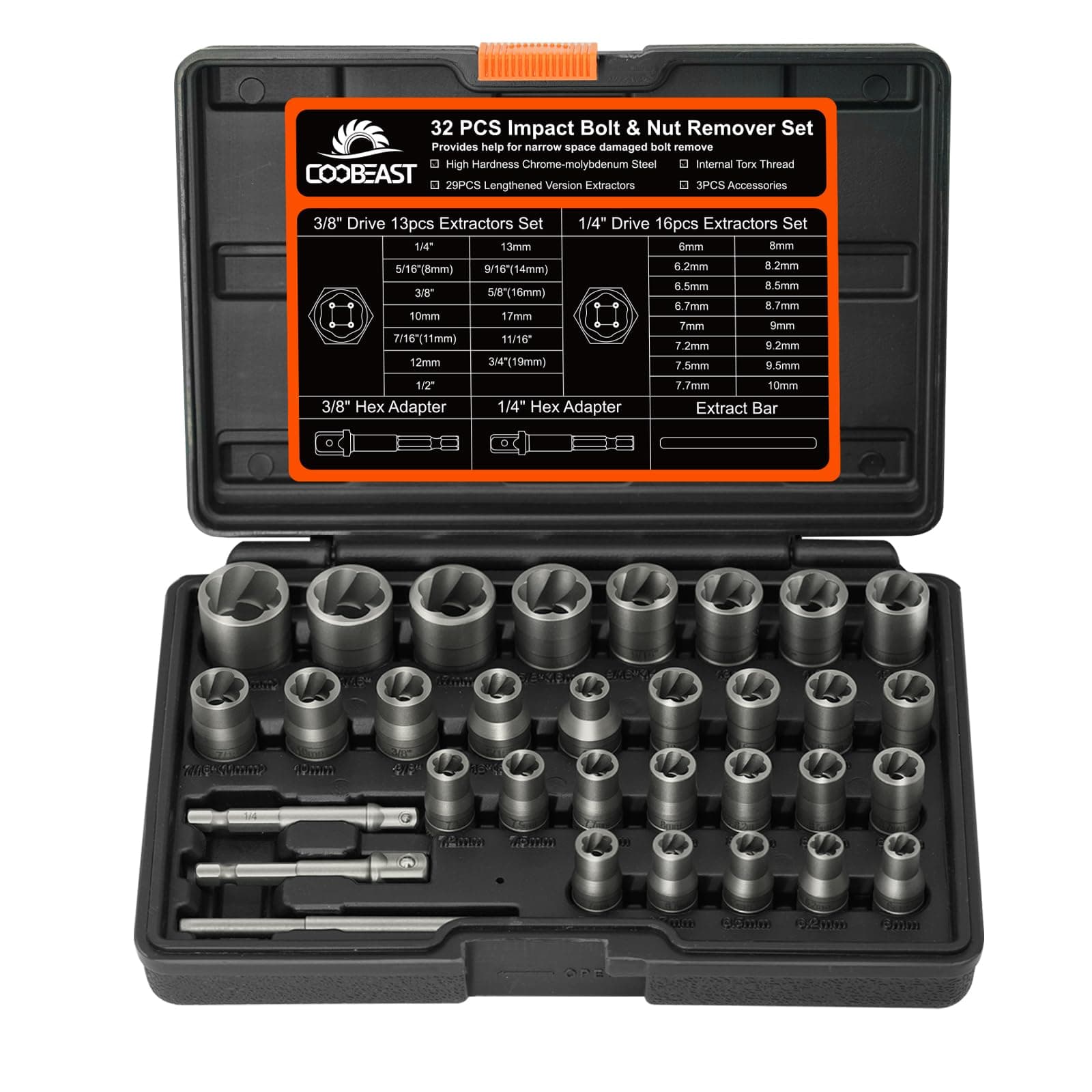 Bolt Extractor Kit, 32Pcs Impact Bolt & Nut Remover Set, Stripped Bolt Extractor Socket Set for Damaged, Frozen, Rusted, Rounded, Broken Bolts Nuts Screws Remove
