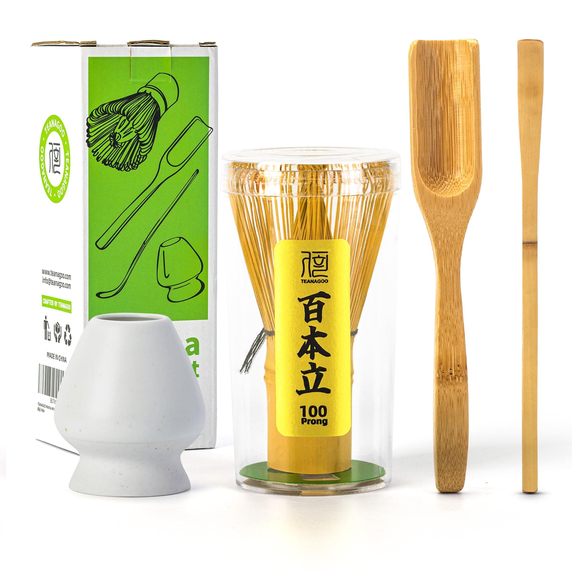 TEANAGOO Matcha Set, Matcha Whisk (Chasen), 4 Pcs Matcha Kit，Traditional Scoop (Chashaku), Tea Spoon, Matte White Whisk Holder,I3, Handmade Matcha Making Kit for Tea Drinking