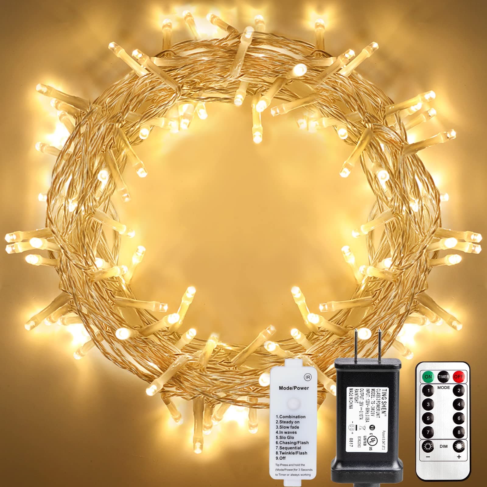 108ft String Light 300 LED with Remote (Timer, Dimmable, 8 Modes), Plug in Fairy Lights Clear String for Indoor Bedroom Wedding Party Christmas Lights Warm White