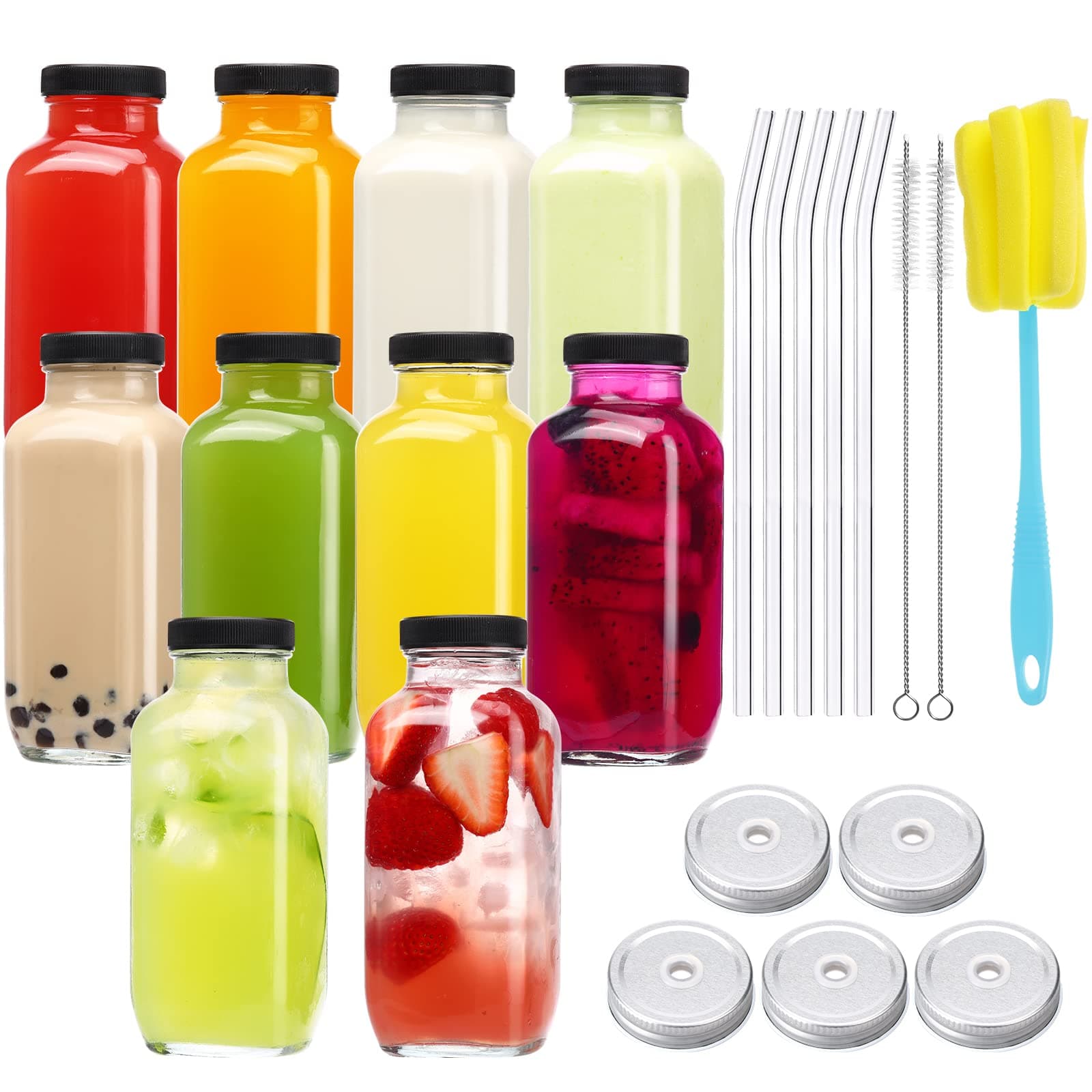 CUCUMI 10pcs 16oz Glass Juice Bottles with Lids, Reusable Juice Containers Drinking Jars Water Cups with Brush, Glass Straws, Lids with Hole | 10pcs, with Lids, Reusable, Juice Containers, Drinking Jars, Water Cups