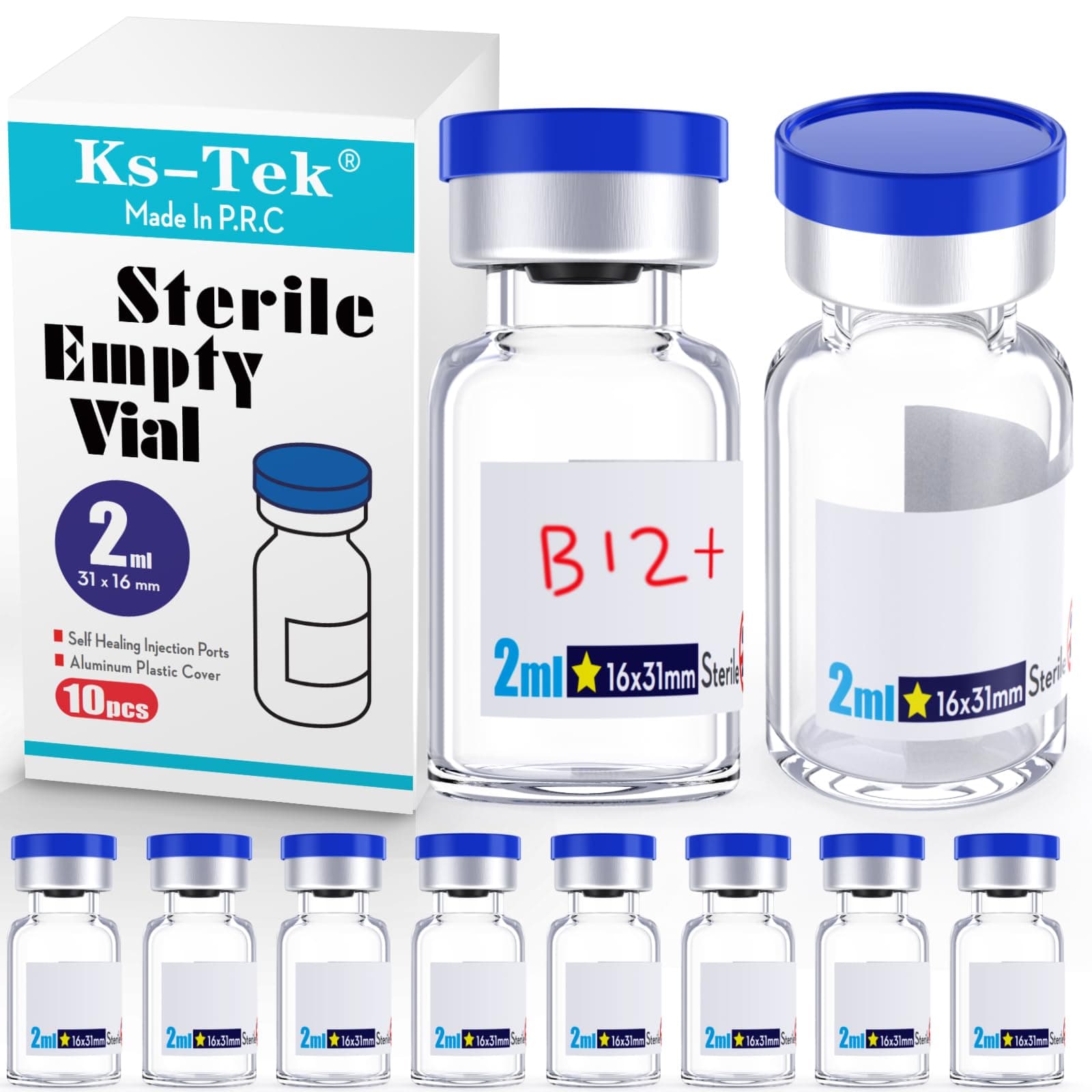 Ks-Tek Sterile Empty Vials with Self-Healing Filler, Aluminum Plastic Cap, Sterile Package (2ml Clear, 10)