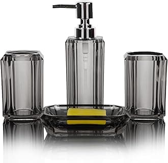 4-Piece Modern Gray Bathroom Accessories Set — Soap Dispenser, Soap Dish, Mouthwash Cup & Toothbrush Holder, Glossy Acrylic with Gray Finish, Vanity Countertop Organizer