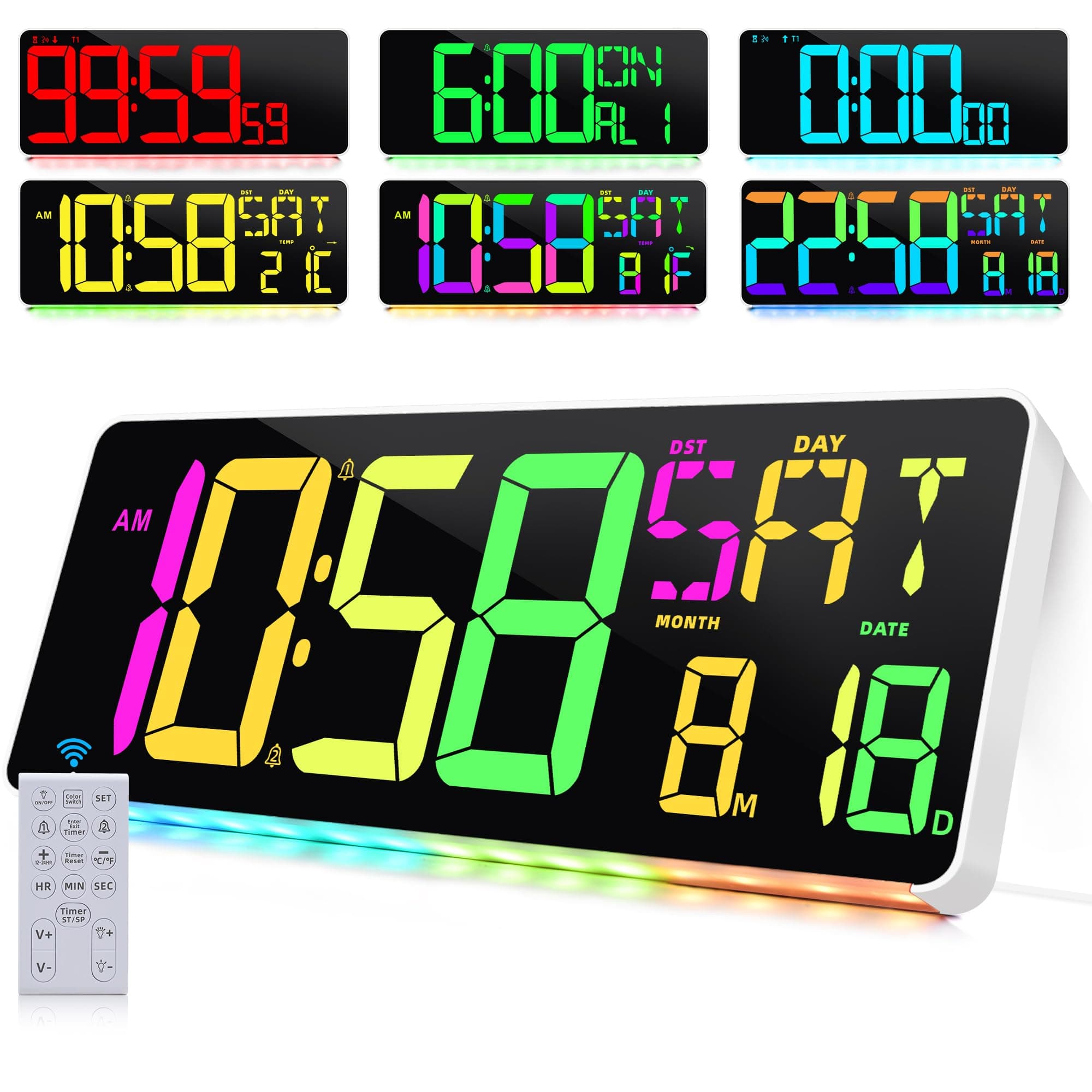 CYMHCHL Large Digital Wall Clock Large Display 11 Colors Available with Colorful Night Light Temperature Date Week DST Auto-Dimming Big LED Clock Count Up & Down Timer for Home Gym Office School