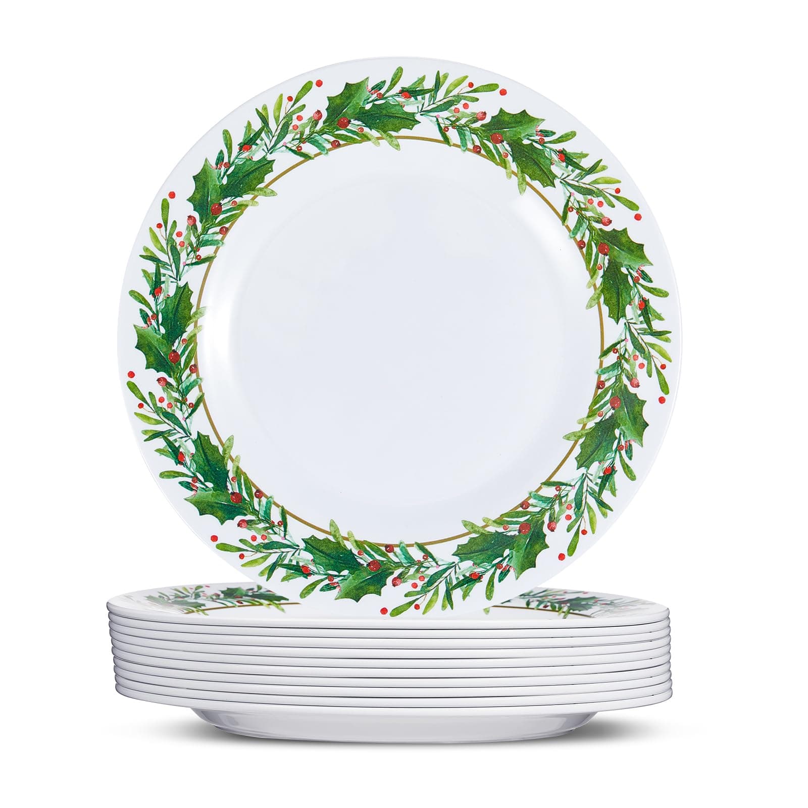 Layhit10 Pcs Christmas Dinner Plates Melamine Christmas Dishes Holly Plates Christmas Dinnerware Holiday Party Dinner Plates for Home Picnic Kitchen Christmas Party Event Picnic Supplies (6 Inch)