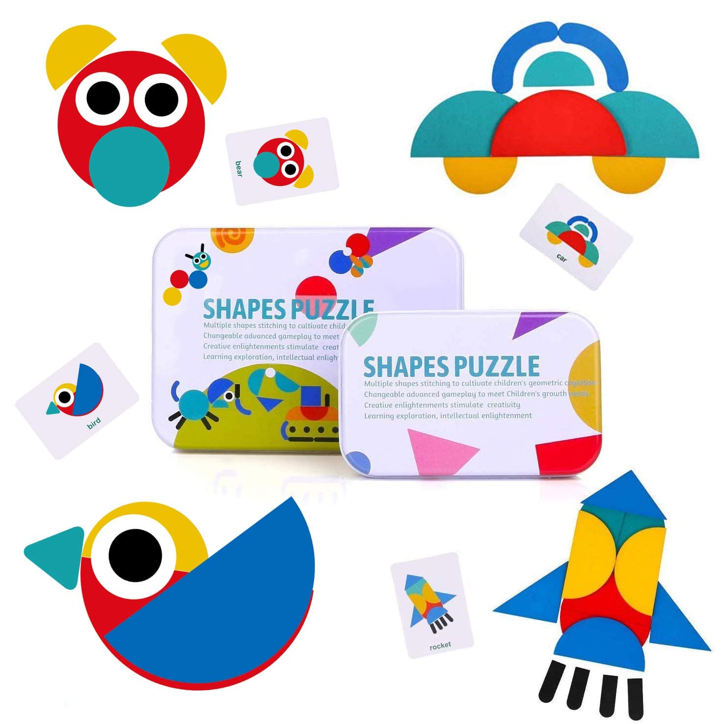 BBLIKE Tangram Puzzles for Kids - Wooden Puzzle Toys for 2 3 Year Olds Toddlers 36 Pcs Shape jigsaws + 60 Pcs Image Cards, Montessori Educational Learning for Girls Boys children Birthday Gift Present