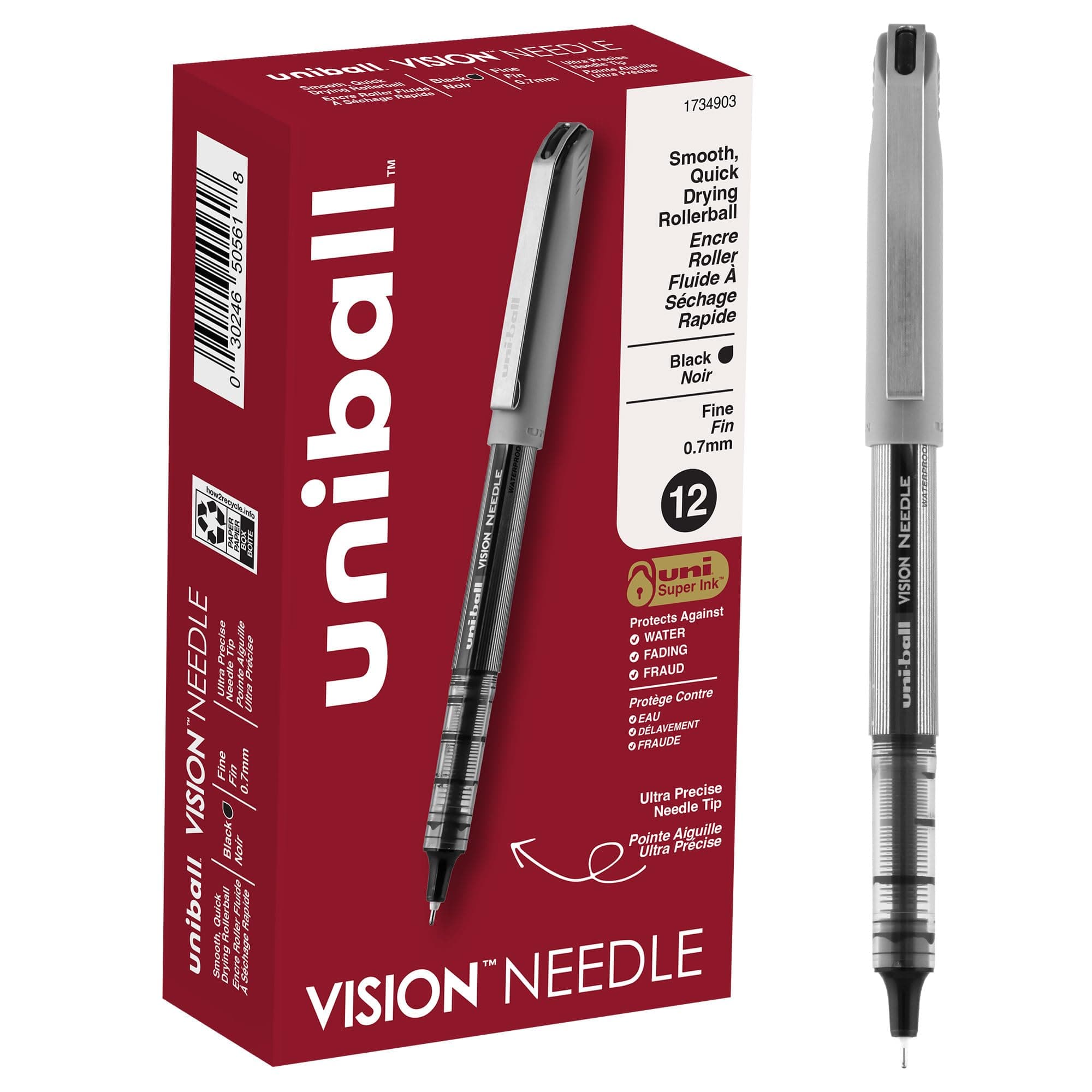 uni-ball Vision Needle Rollerball Pens, Fine Point (0.7mm), Black, 12 Count