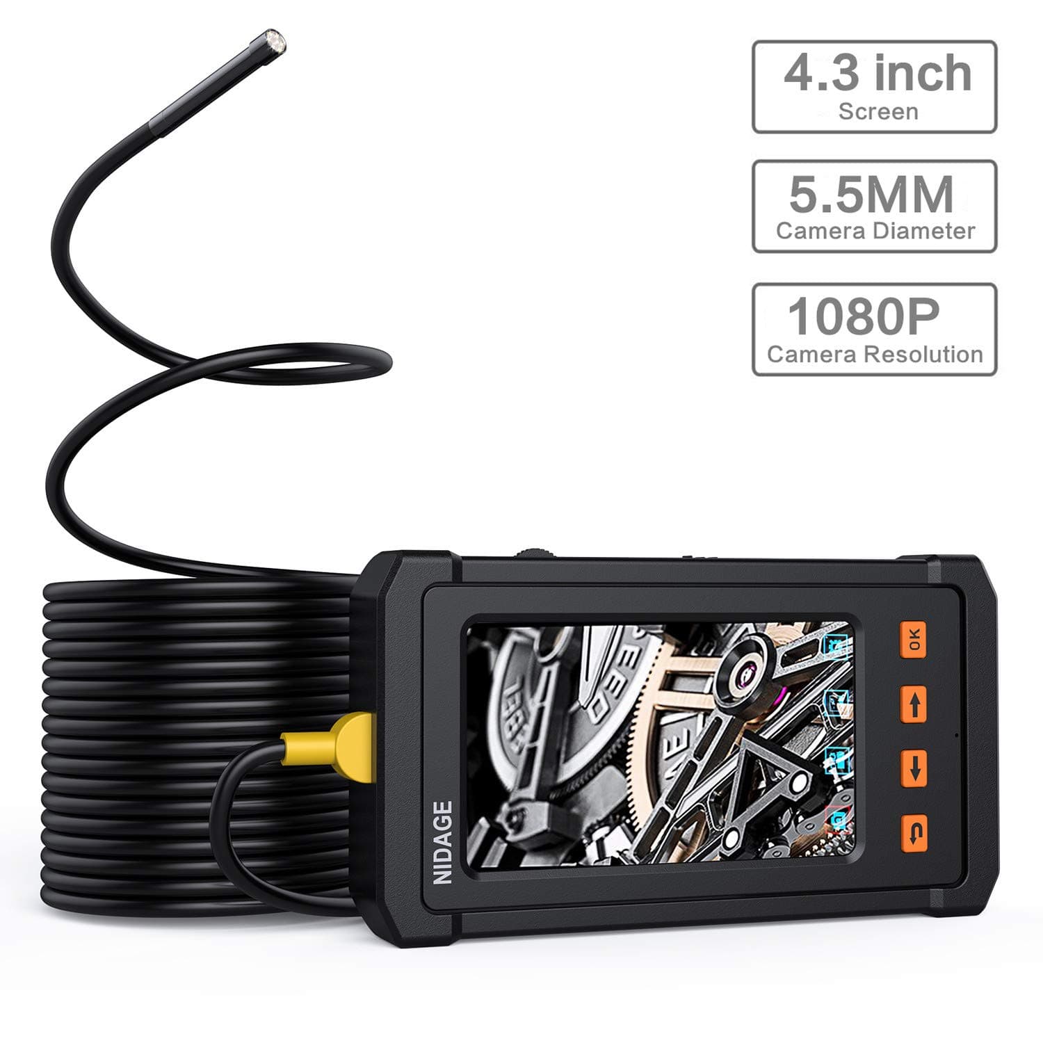 Industrial Endoscope, NIDAGE 4.3inch LCD Screen with 5.5mm Borescope 1080P HD Micro Inspection Camera 2800mAh Battery Semi-Rigid Tube(11.5FT)
