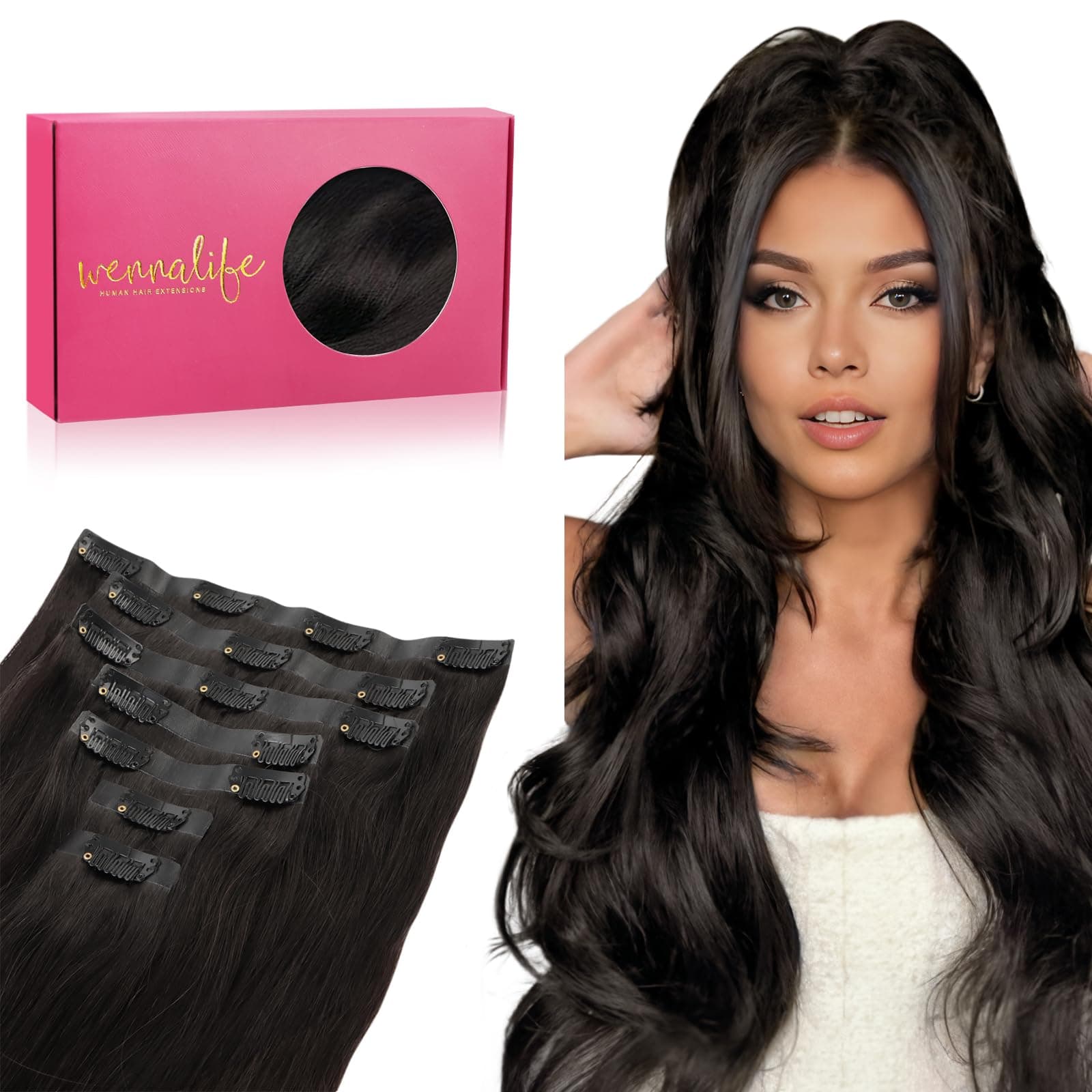 WENNALIFE Seamless Clip In Hair Extensions, 14 Inch 130g 7pcs Natural Black Hair Extensions Clip in Human Hair Invisible PU Skin Weft Natural Remy Human Hair Extensions