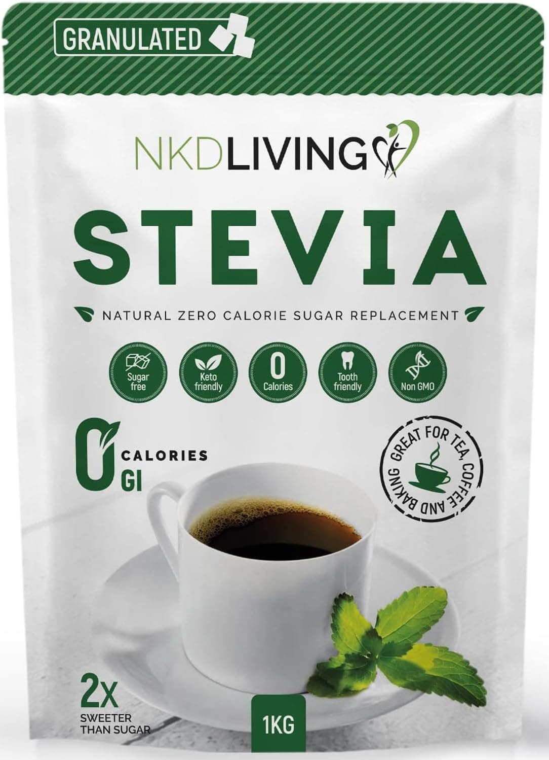 NKD Living Stevia Sweetener Granules 1kg – Natural Plant-Based Sweetener – Zero Calorie, Non-GMO, Keto & Vegan Friendly