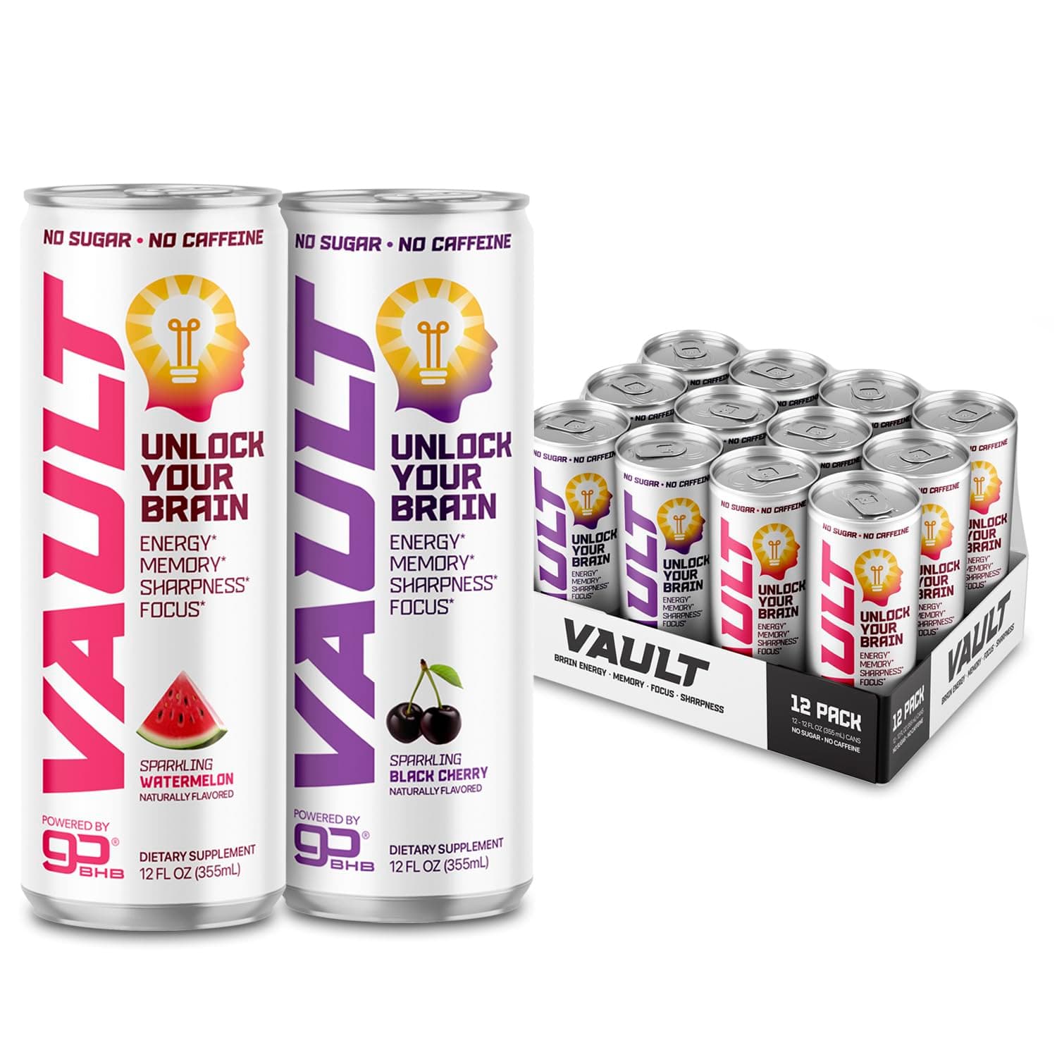 VAULTCaffeine Free Brain Energy Drink – Nootropic for Mental Focus Sharpness Memory and Reaction Time – No Crash or Jitters – Sugar Free – 12 Fl Oz (Pack of 12) – Sour Watermelon + Tart Cherry Flavor