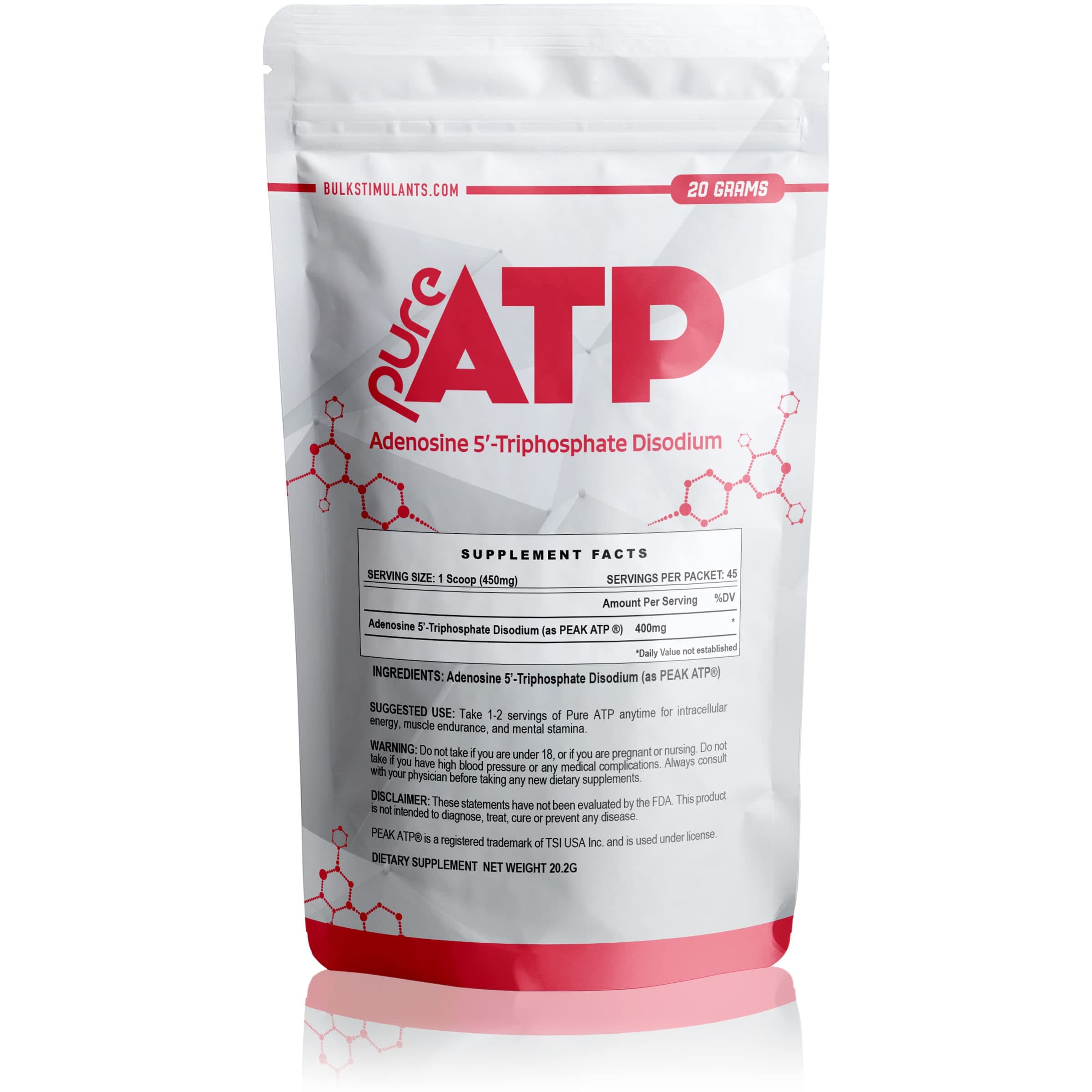 BulkStimulants Pure ATP Adenosine Triphosphate Powder - Increase Energy, Endurance, Strength, Recovery & Muscle Pump, Faster Than Creatine HMB & Nitric Oxide, Natural Pre Workout Supplement - 20 Grams