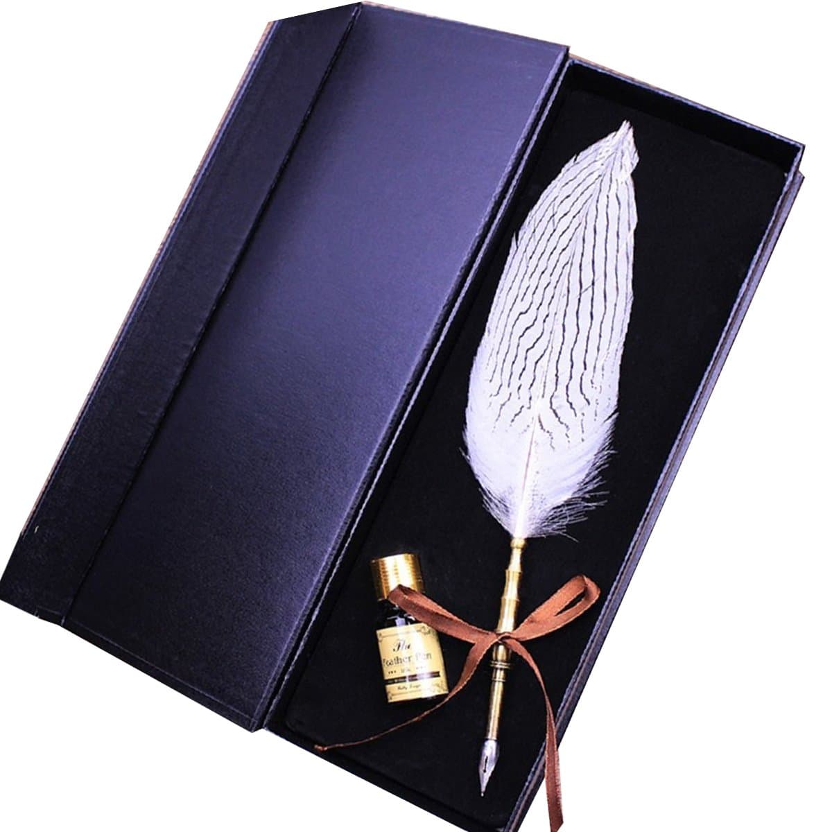 Dip Pen Set Jubapoz Calligraphy Feather Quill Pen Set Antique Feather Writting Quill Ink Dip Pen (NO Ink, White Feather)