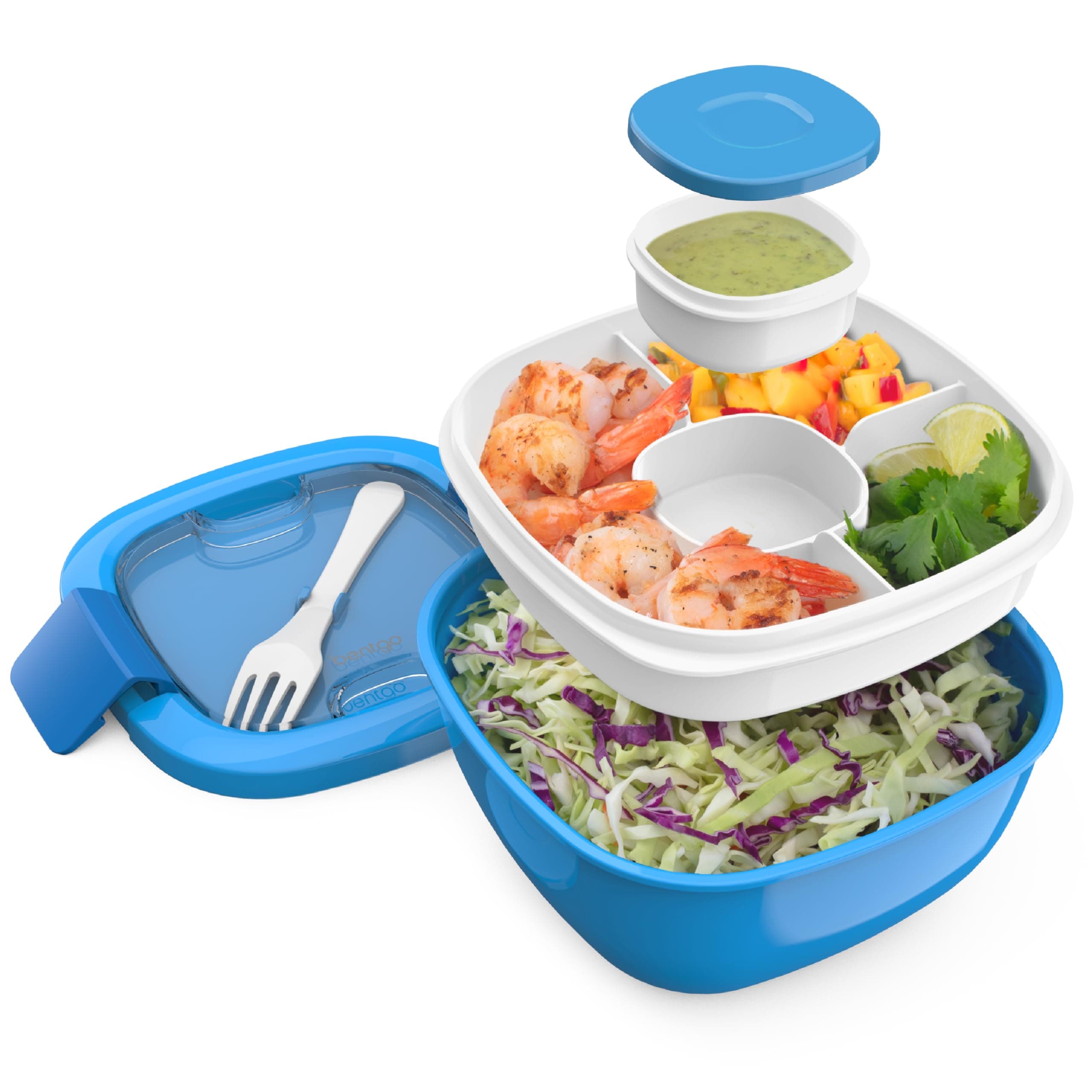 Bentgo Salad (Blue) BPA-Free Lunch Container with Large 54-oz Salad Bowl, 3-Compartment Bento-Style Tray for Salad Toppings and Snacks, 3-oz Sauce Container for Dressings, and Built-In Reusable Fork