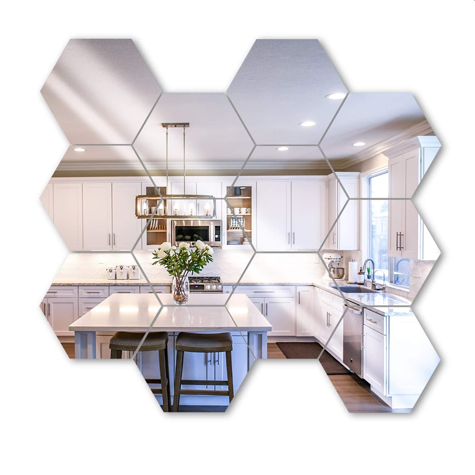 Top-spring 12 PCS Hexagon Mirror Tile Wall Sticker 3D Acrylic Mirror Wall Sticker Decor Stick On Modern Decal for Home Living Room Bedroom (8 * 7 * 4 cm, Silver)