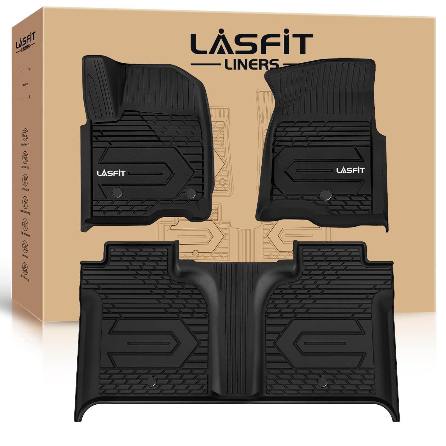 LASFIT Floor Mats 2019-2026 for Chevy Silverado/GMC Sierra 1500, 2020-2026 2500 HD/3500 HD, Crew Cab Only(Fit with Rear Under-Seat Storage, But Not Fit 2nd Row Plastic Storage) All Weather TPE Mats
