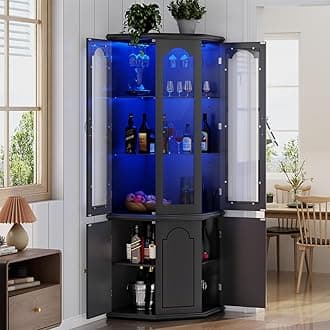 Gyfimoie Corner Bar Cabinet w/LED Lights, Tall Modern Wine Cabinet with Tempered Glass Door & Adjustable Shelves, Home Bar Liquor Storage Cabinet with Glass Rack for Living Room, Dining Room (Black)