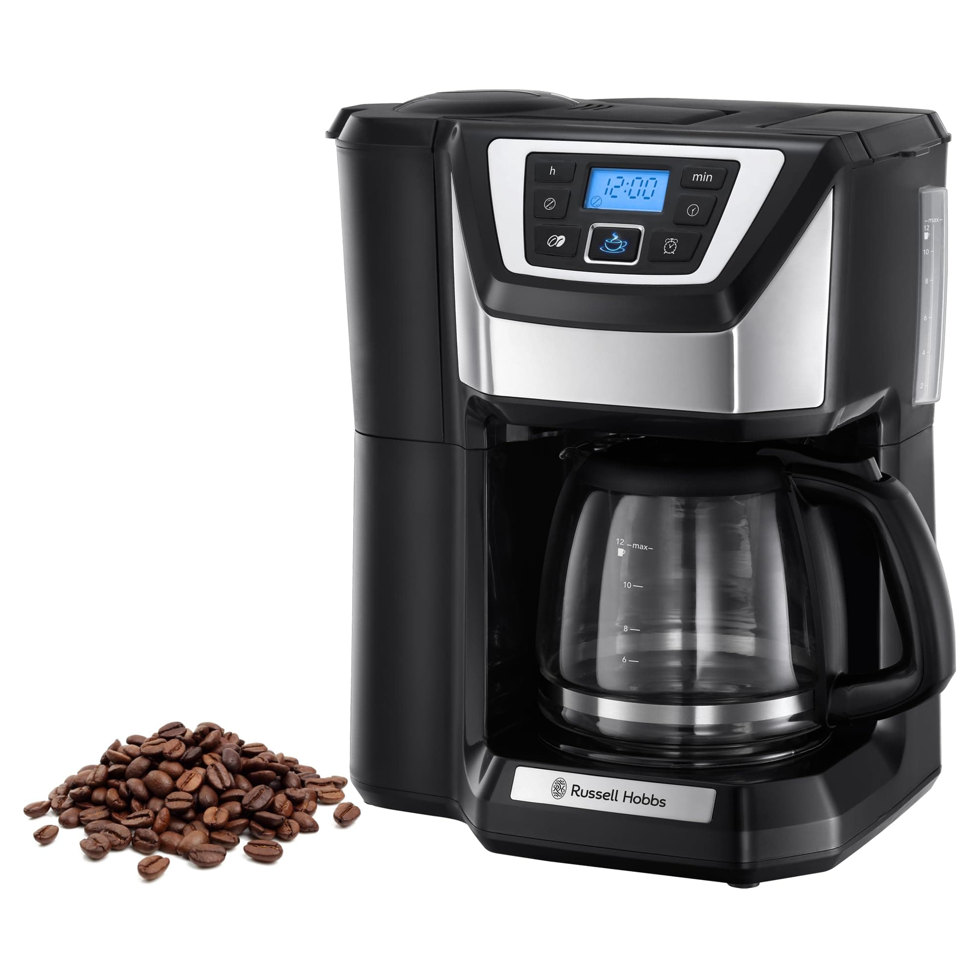 Russell Hobbs Victory Grind & Brew Coffee Maker With Digital Grinder | Glass Jug 1.5L, 12 Cups Capacity | 24 Hour Programmable Feature, WhirlTech for Optimal Extraction & Aroma | Filter Coffee Machine