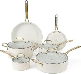 Martha Stewart Lockton Premium Non stick Non Toxic PFA Free Ceramic Interior 10 Piece Heavy Gauge Enamel Aluminum Pots and Pans Cookware Set - Linen White w/Gold Handle