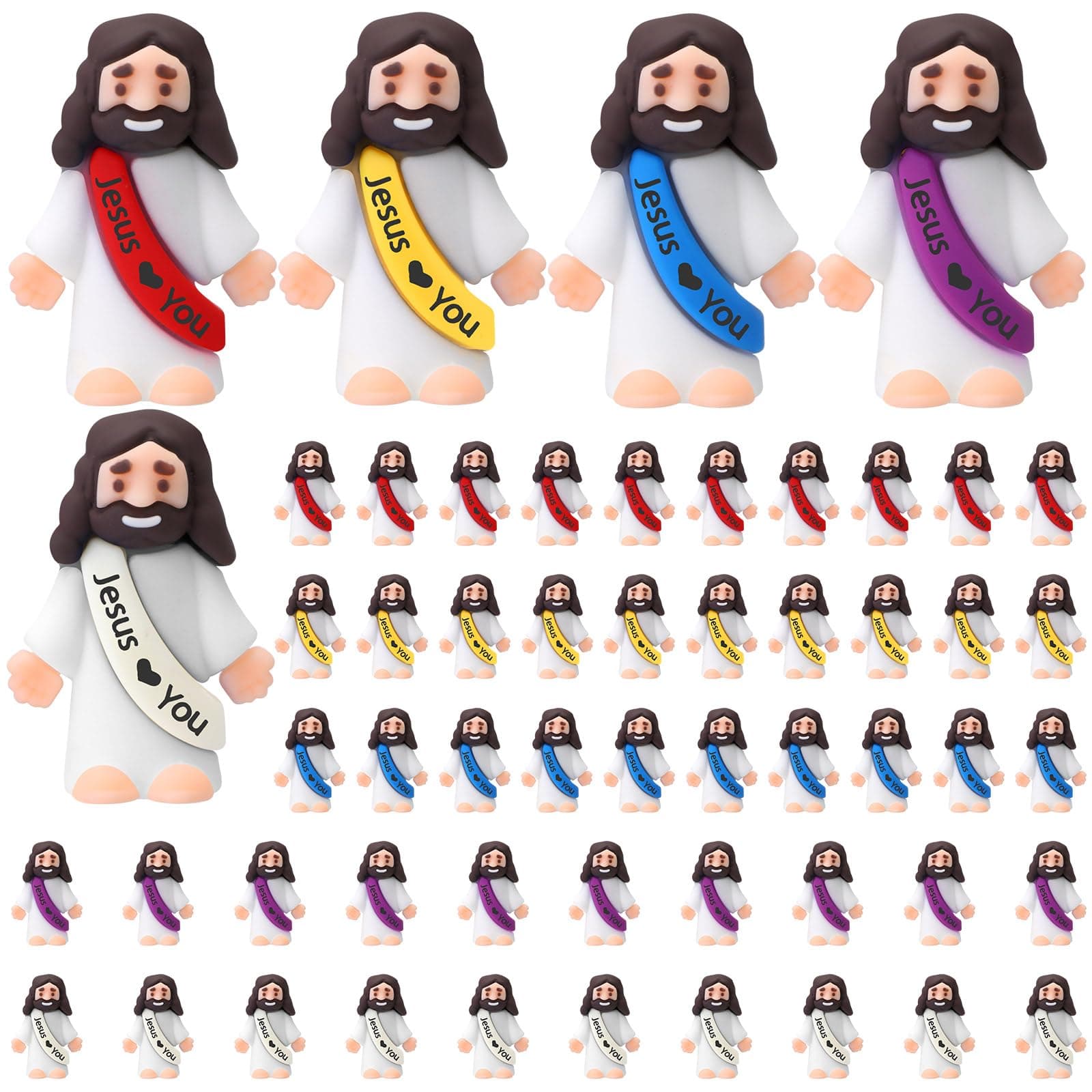 Bememo 50 Pcs Mini Jesus Figures Jesus Loves You Christ Toys Little Christ Figures to Hide and Seek Sunday School Religious Party Favors Gift(Fresh Color)