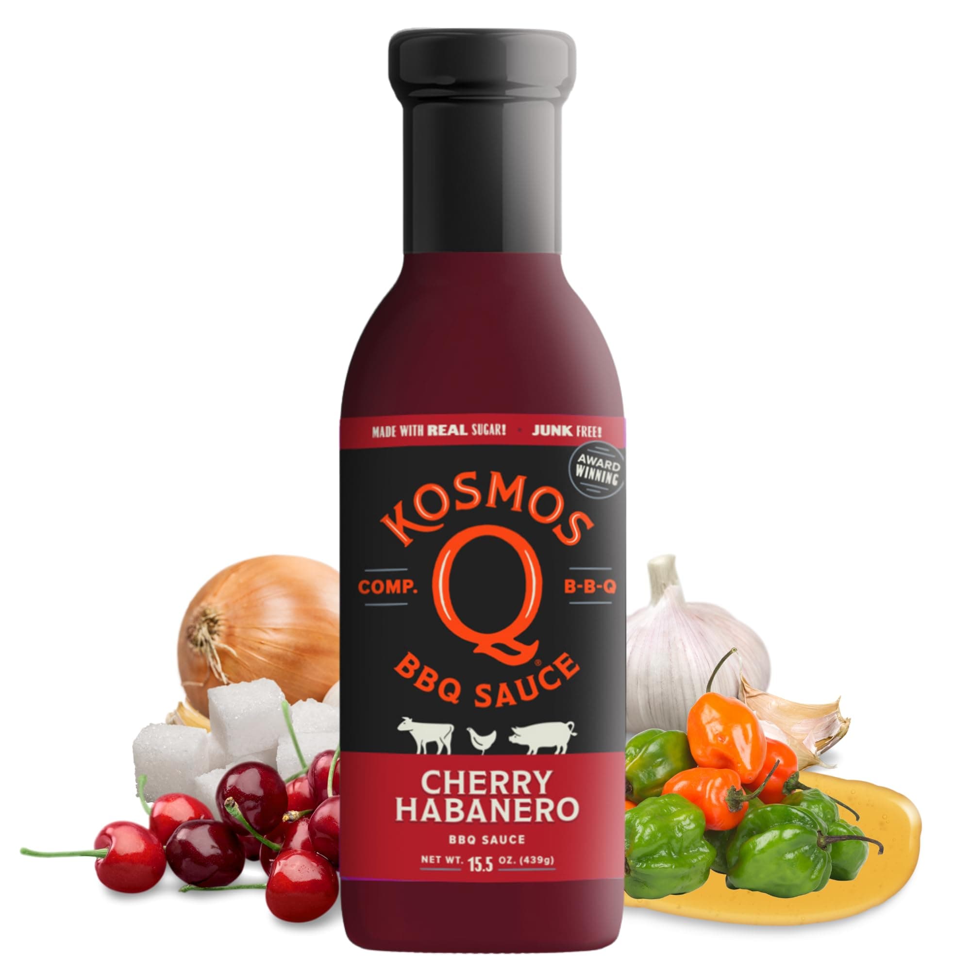 Cherry Habanero BBQ Sauce, Sweet & Spicy Barbecue Sauce with Tart Cherries & Habanero Heat for Ribs, Pork, Chicken, & Brisket, BBQ Glaze with Real Sugar & Cherry Juice, Gluten Free, 15.5 Oz
