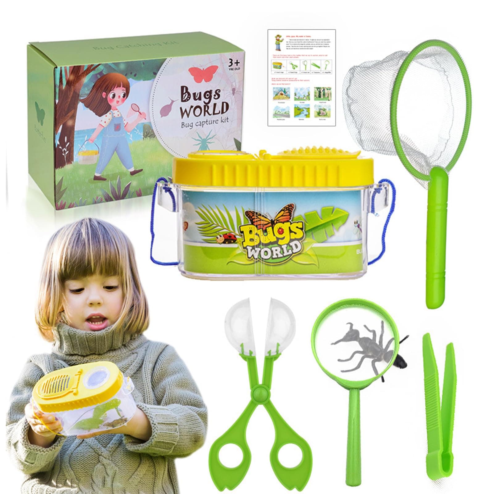 Bug Catcher for Kids,Outdoor Explorer Kit 5Pcs Bug Hunting Kits for Children Insect Observation Box Insect Net Scissors Tweezer Magnifying Glass