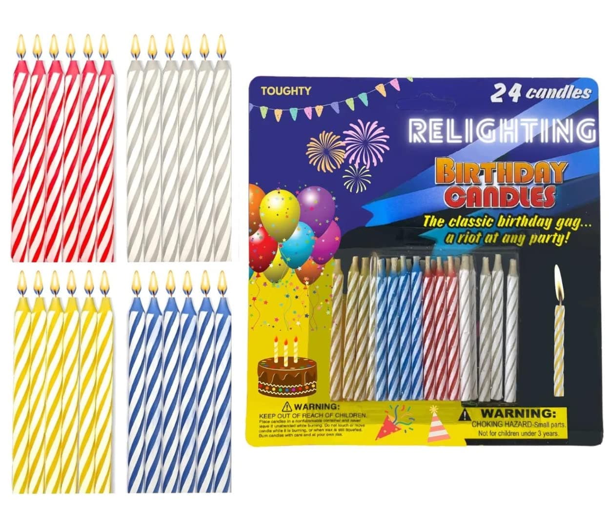 Relighting Birthday Candles - Toughty - Fun Trick Spiral Birthday Candles for Cake & Cupcakes That Relight After Blowing Out - Multicolored - Ideal for Parties & Bday Celebrations - 24 Pack