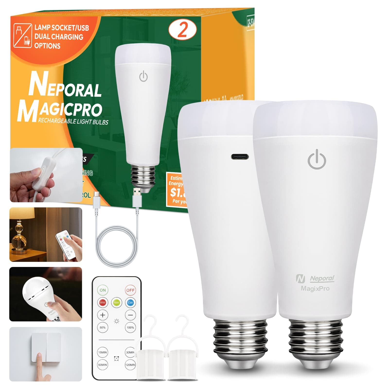 Neporal MagicGlow Rechargeable Light Bulbs with Remote, 3 Color Shift + Dimmable Battery Powered Light Bulbs, USB Rechargeable, A19 Emergency LED Light Bulb, 15W (MAGICPRO, Count, 2.0)