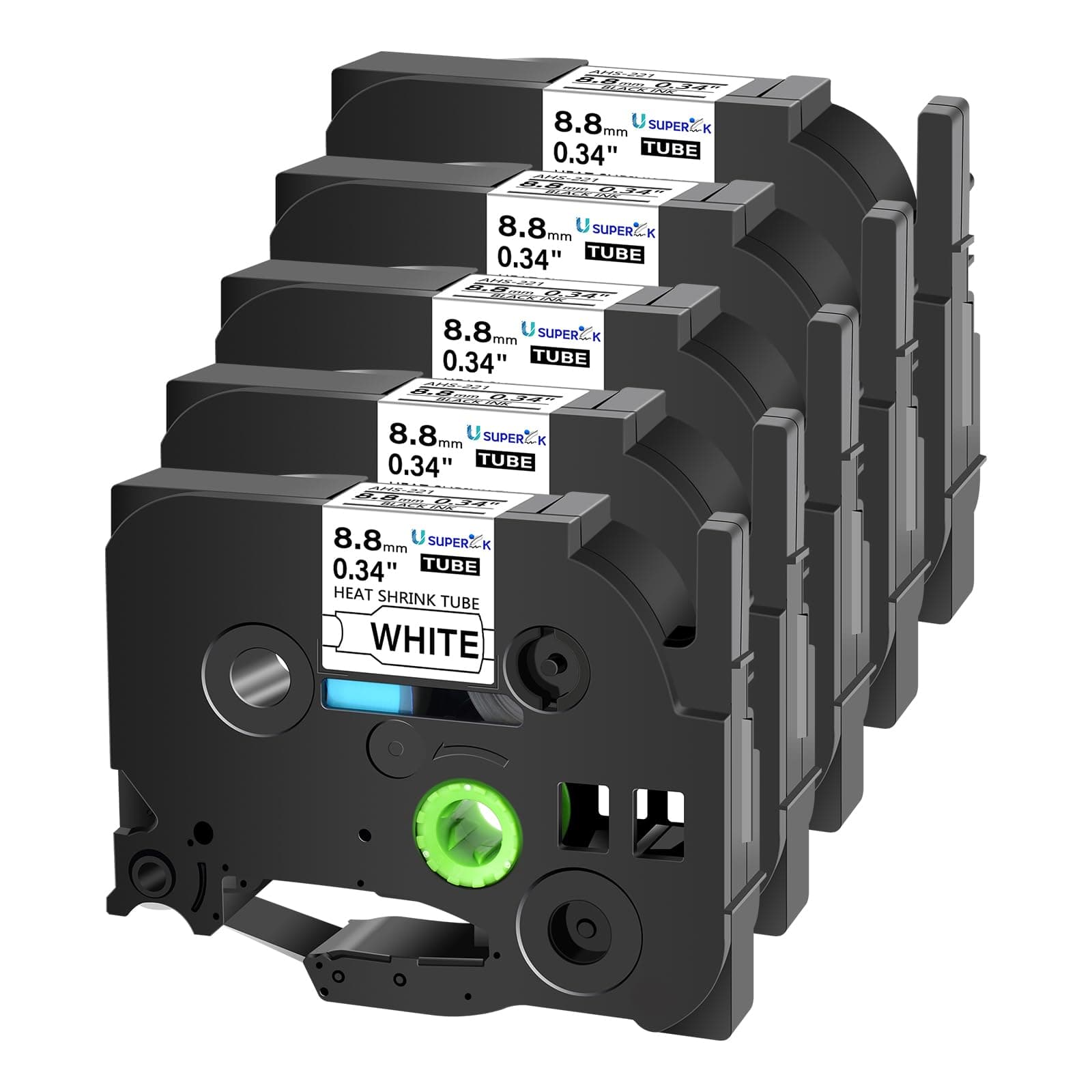 USUPERINK 5 PK Compatible for Brother Ptouch HSe-221 HSe221 HS-221 HS221 8.8mm Black on White Heat Shrink Tube Label Tape use in PT-D210 PT-D400 PT-E300 PT-E500 PT-P750WVP Label Maker (0.34''x 4.92ft)